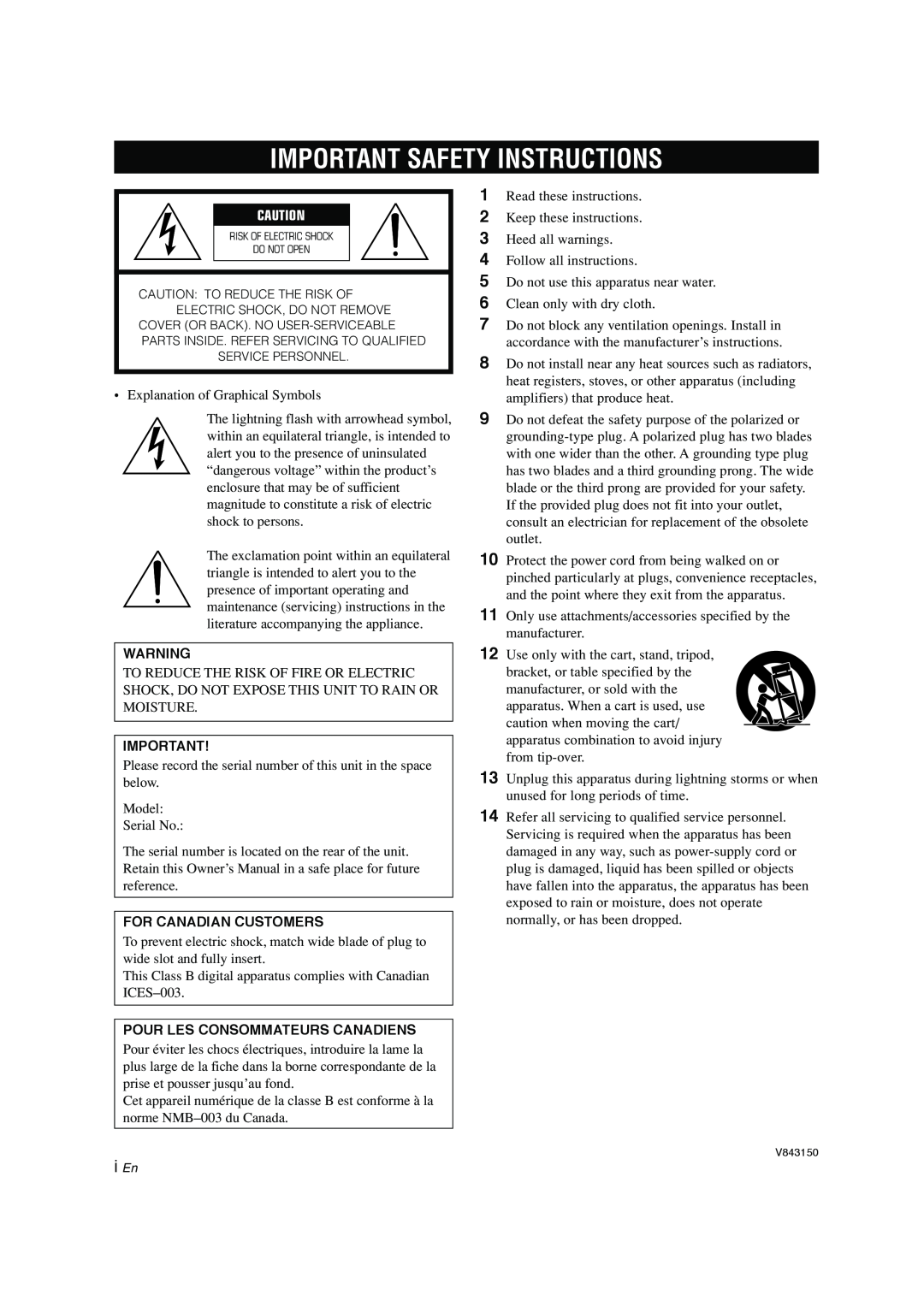 Yamaha CDC-697 owner manual Important Safety Instructions, For Canadian Customers, Pour Les Consommateurs Canadiens, iiEn 
