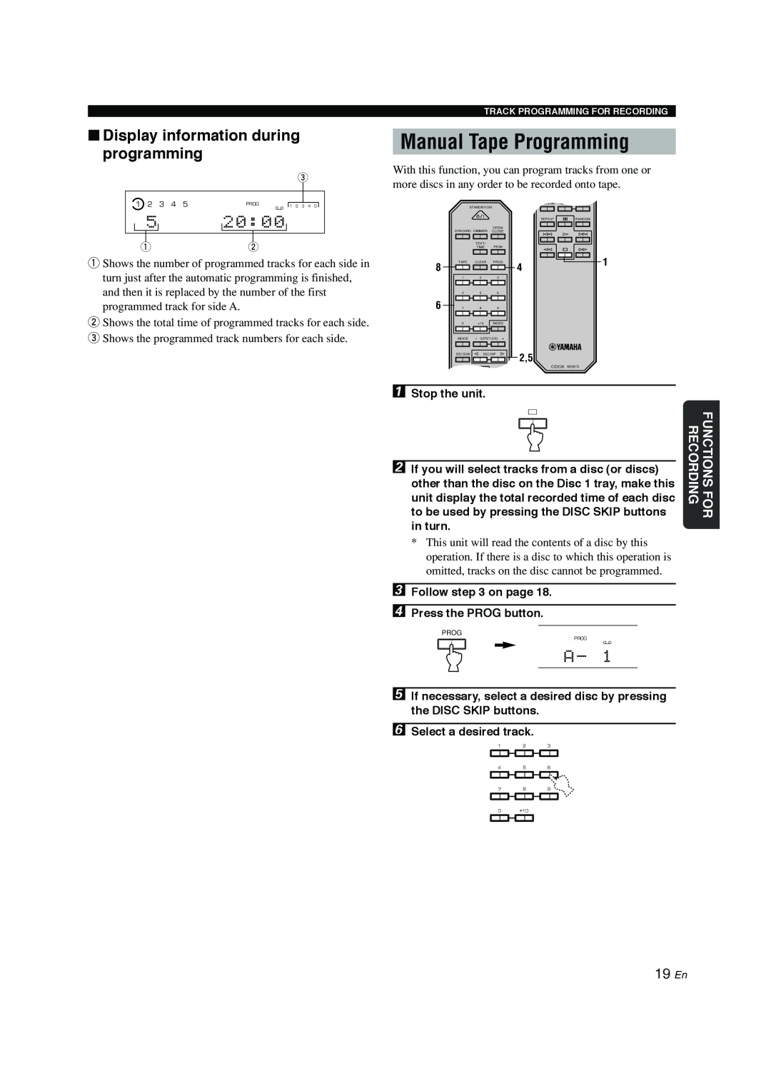 Yamaha CDC-697 Manual Tape Programming, Display information during programming, English, Stop the unit, in turn 