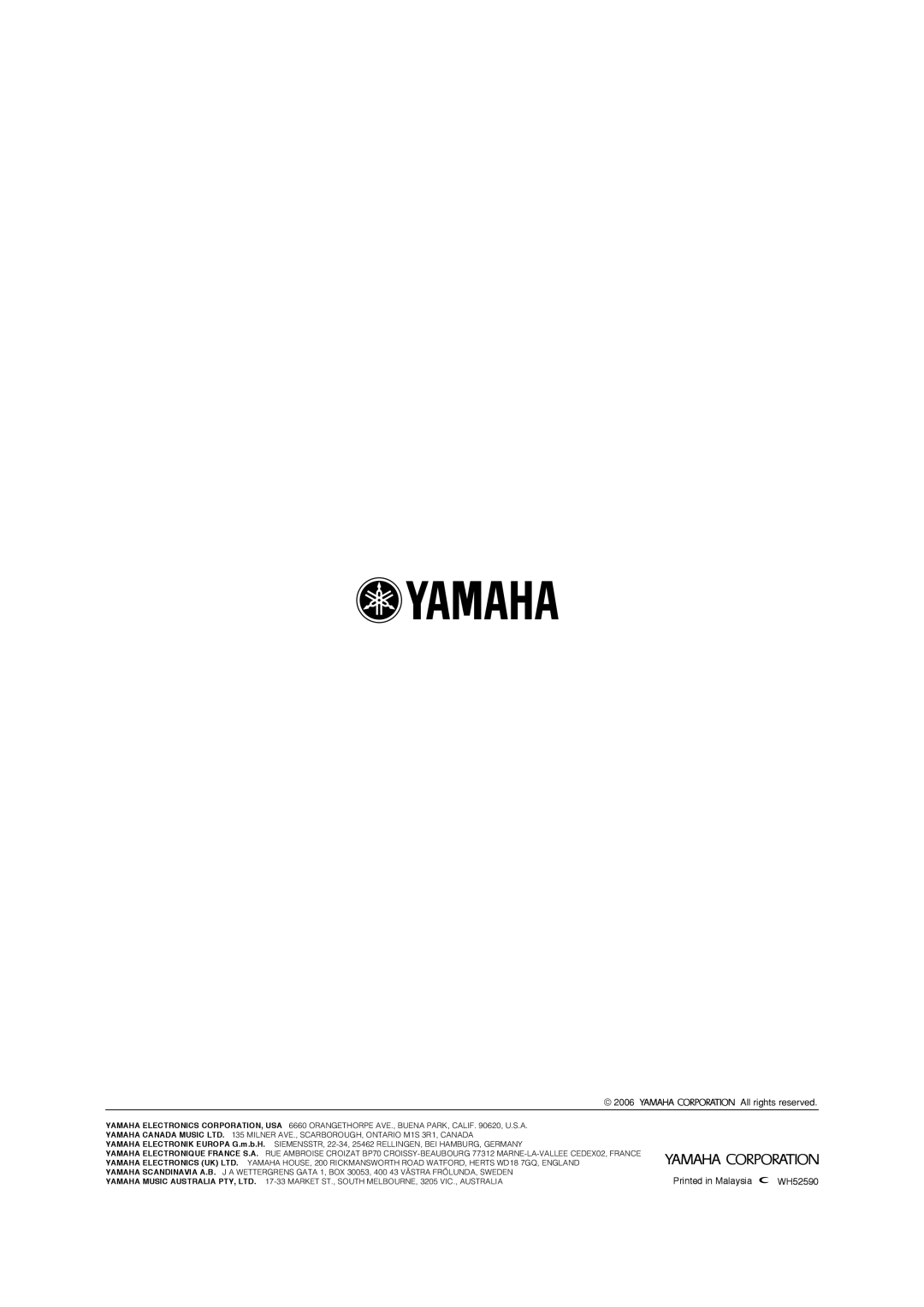 Yamaha CDC-697 owner manual 2006, All rights reserved, WH52590 