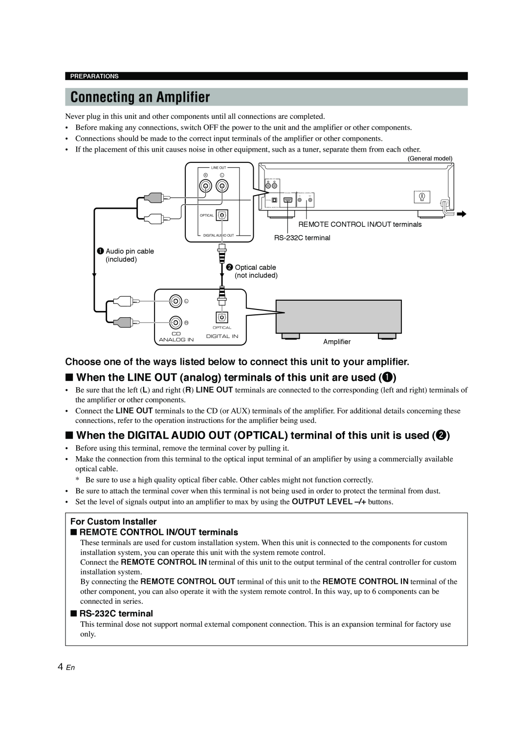 Yamaha CDC-697 owner manual Connecting an Amplifier, For Custom Installer, REMOTE CONTROL IN/OUT terminals, RS-232Cterminal 