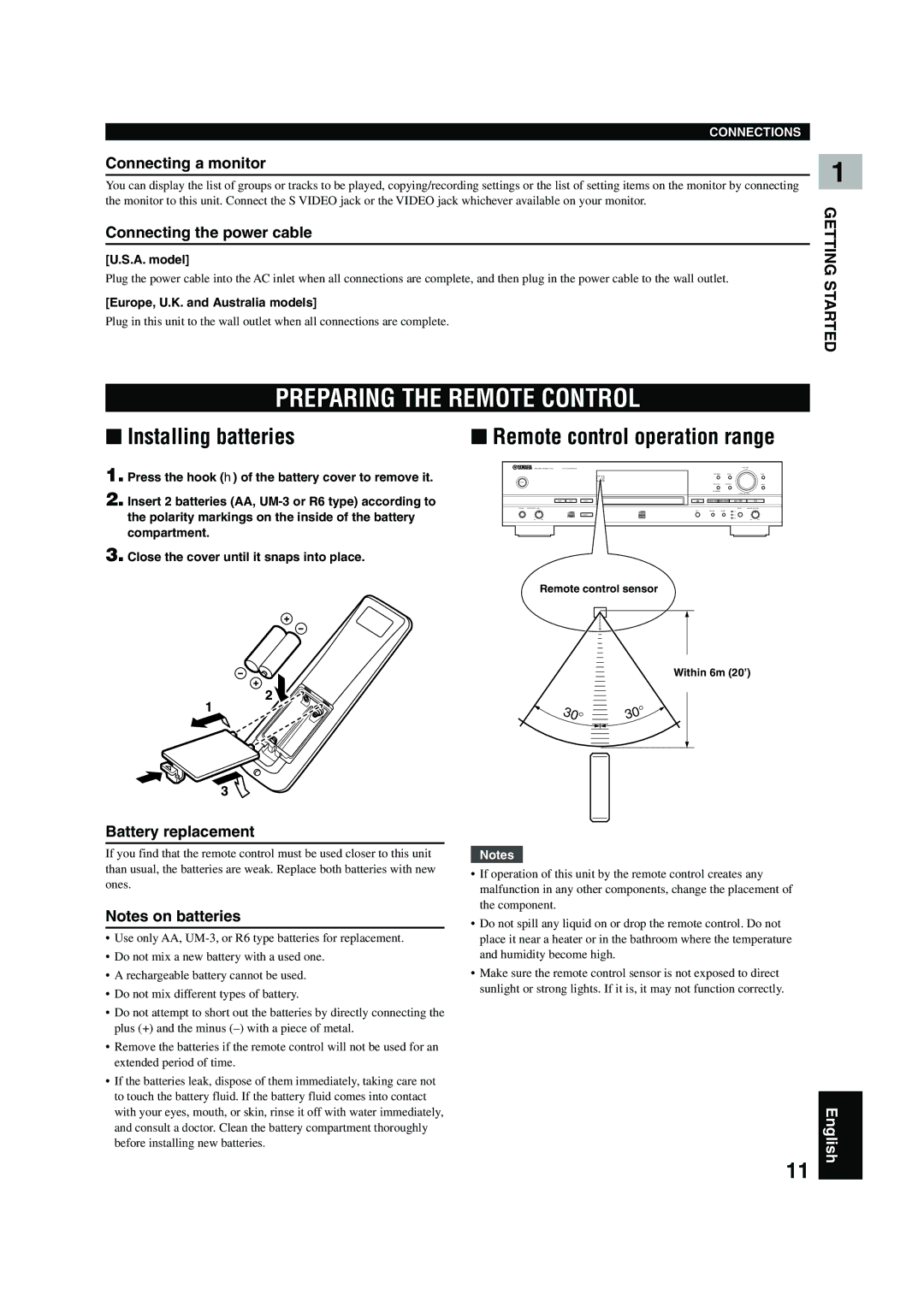 Yamaha CDR-HD 1500 owner manual Preparing the Remote Control, Installing batteries, Remote control operation range 