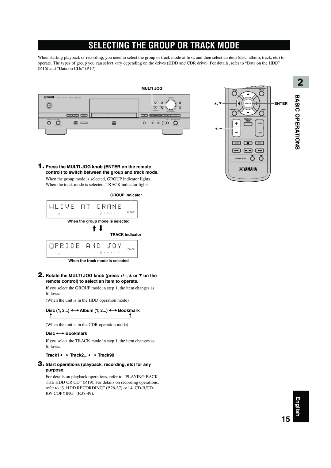 Yamaha CDR-HD 1500 Selecting the Group or Track Mode, When the unit is in the CDR operation mode, Disc Bookmark, Multi JOG 