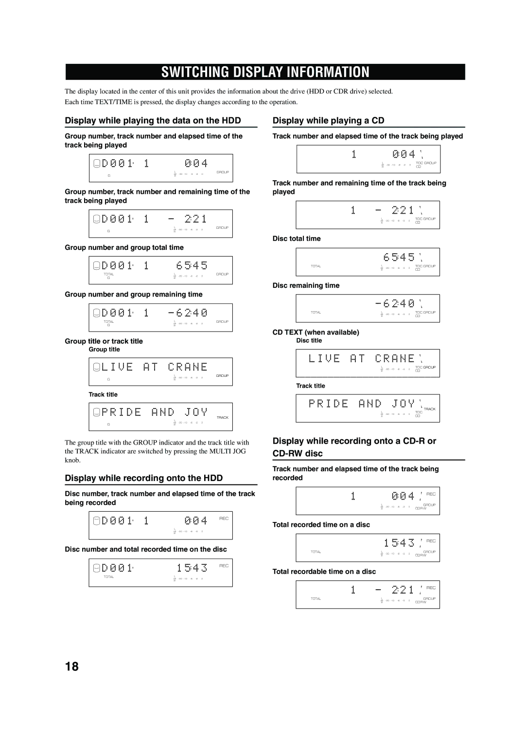 Yamaha CDR-HD 1500 owner manual Switching Display Information, 0 1 