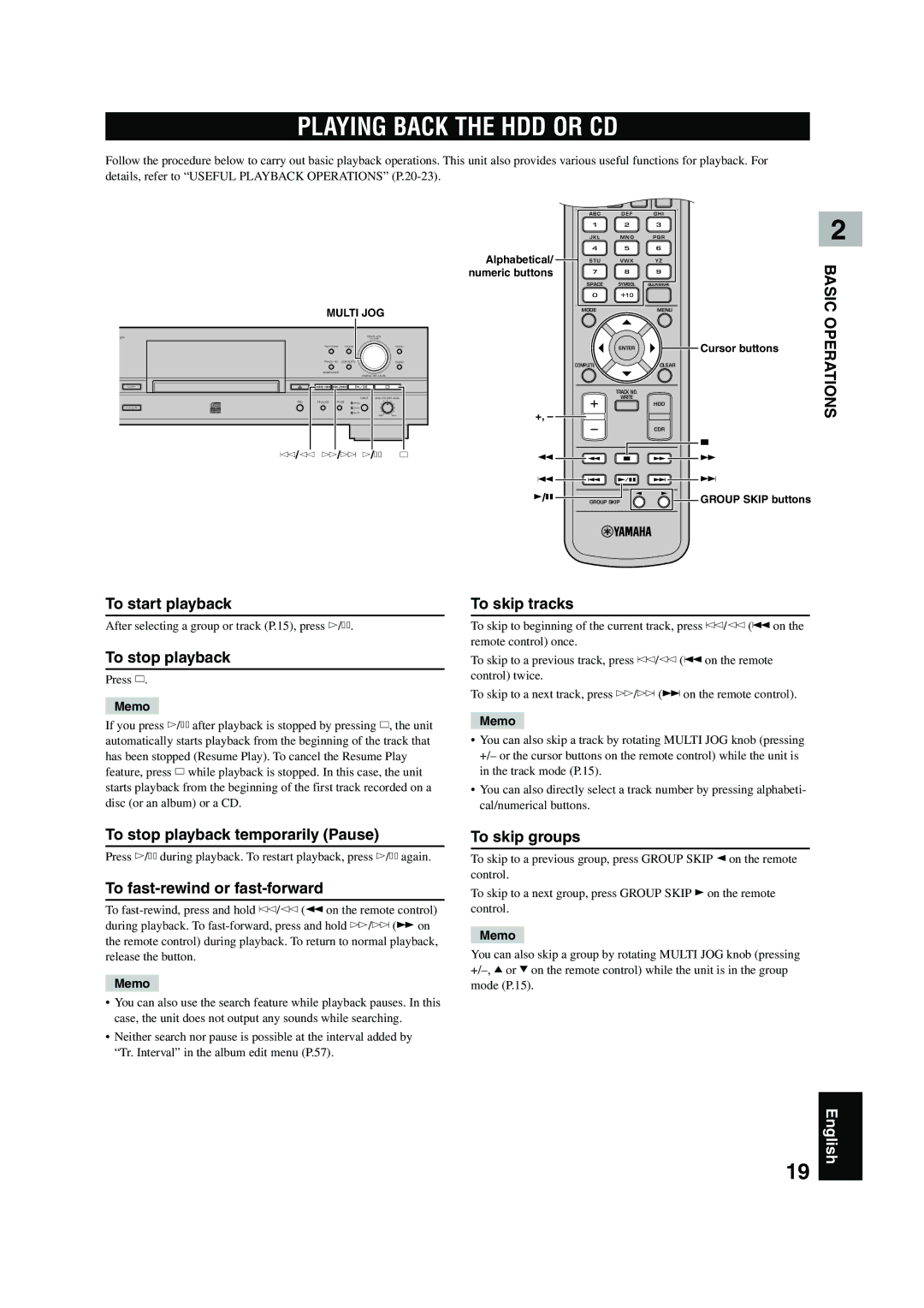 Yamaha CDR-HD 1500 owner manual Playing Back the HDD or CD 