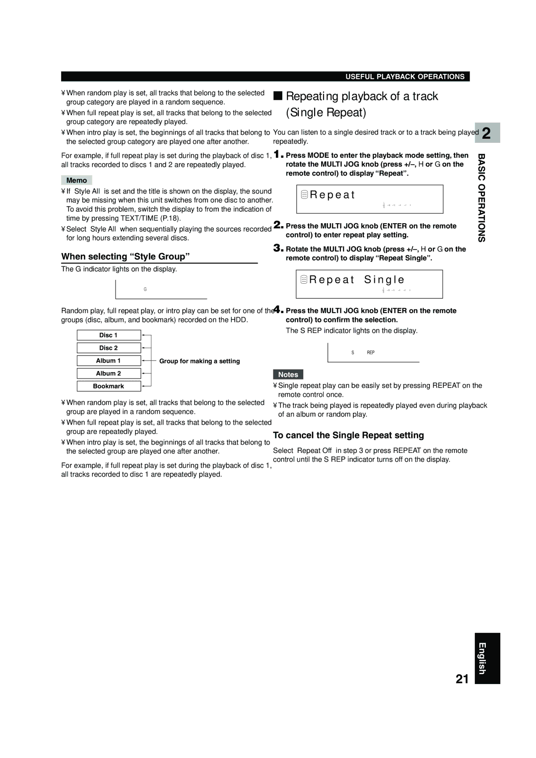 Yamaha CDR-HD 1500 P e a t S i n g l e, When selecting Style Group, To cancel the Single Repeat setting 