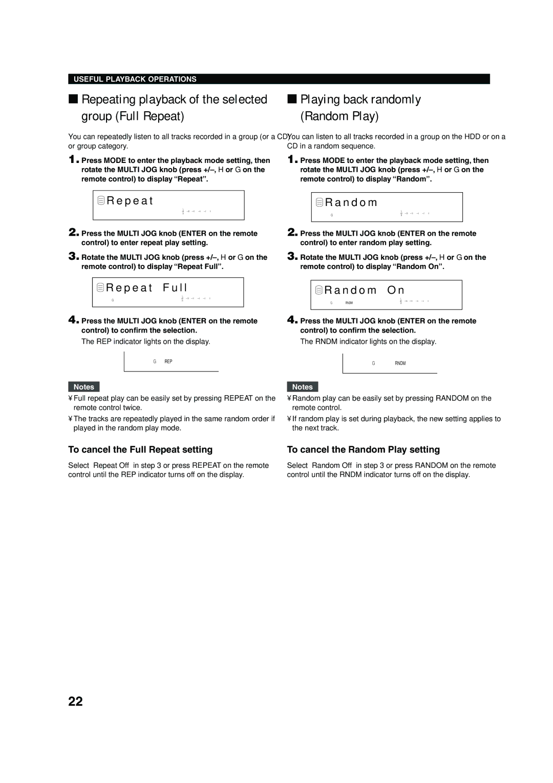 Yamaha CDR-HD 1500 owner manual Repeating playback of the selected group Full Repeat, N d o m, P e a t L l 