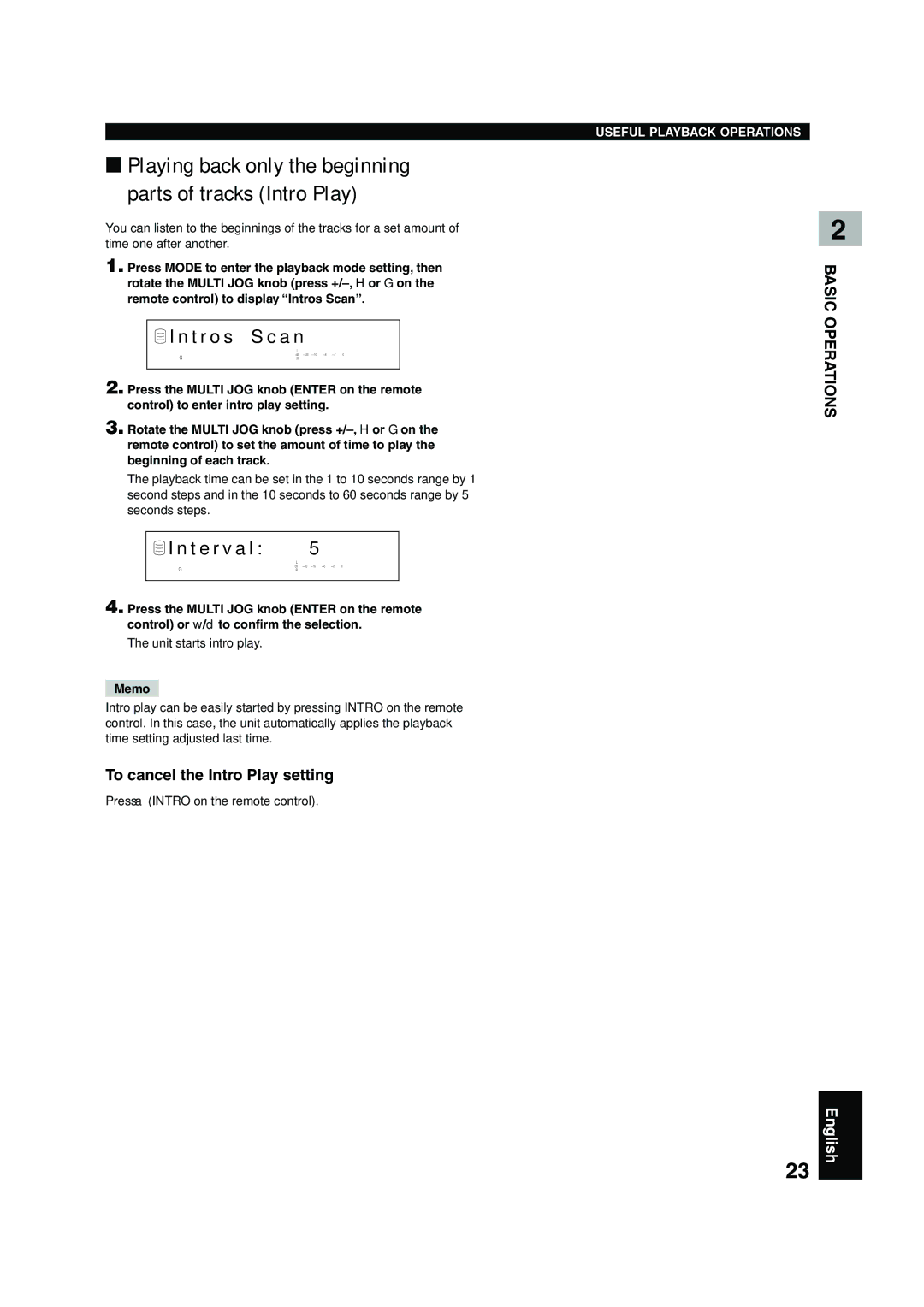 Yamaha CDR-HD 1500 owner manual T r o s A n, T e r v a l, To cancel the Intro Play setting, Unit starts intro play 