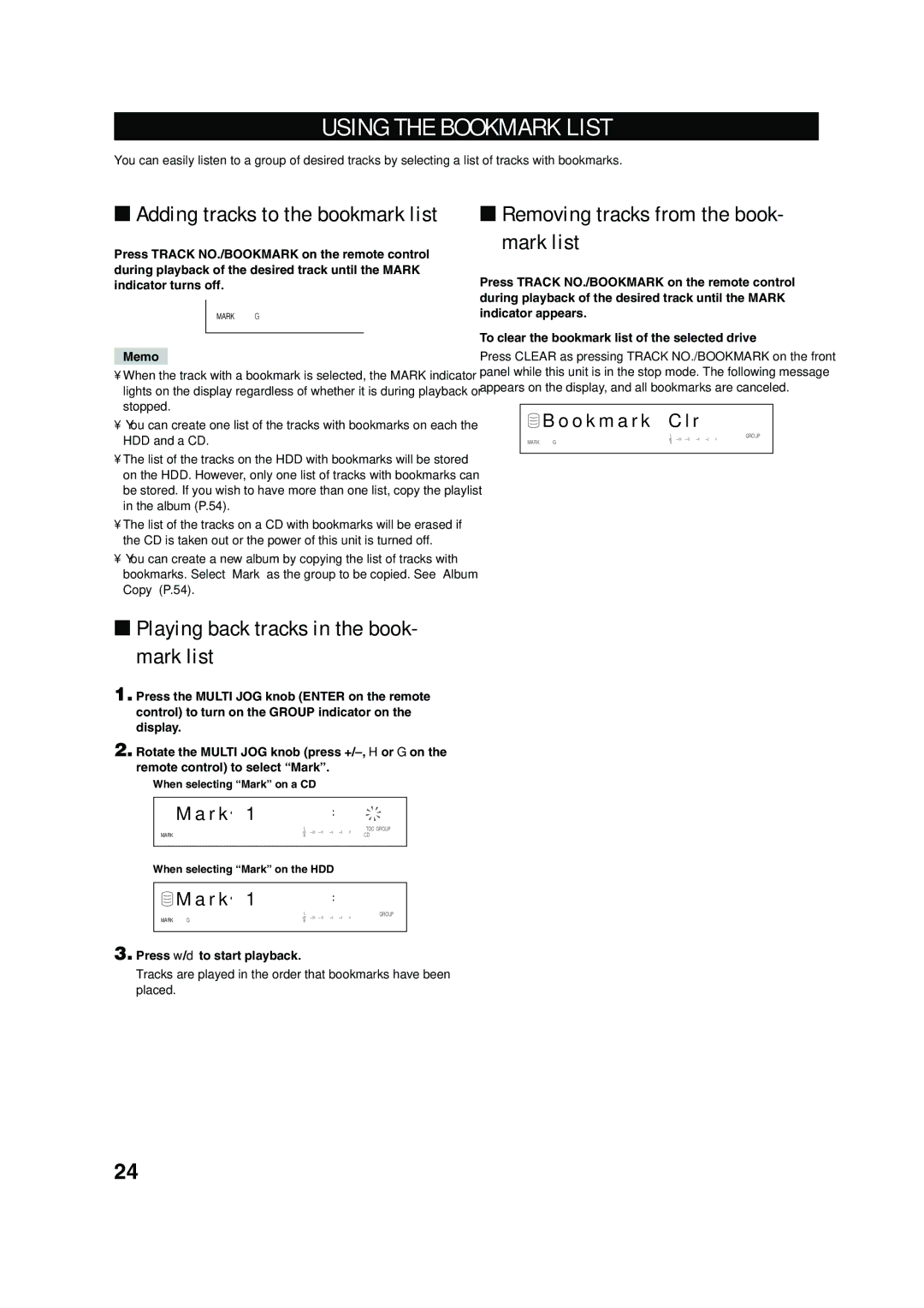 Yamaha CDR-HD 1500 owner manual Using the Bookmark List, Removing tracks from the book- mark list, O k m a r k C l r, R k 