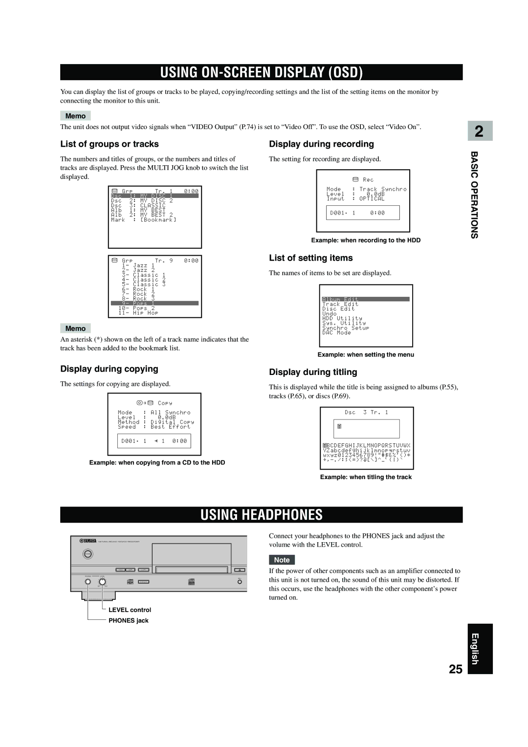 Yamaha CDR-HD 1500 owner manual Using ON-SCREEN Display OSD, Using Headphones 