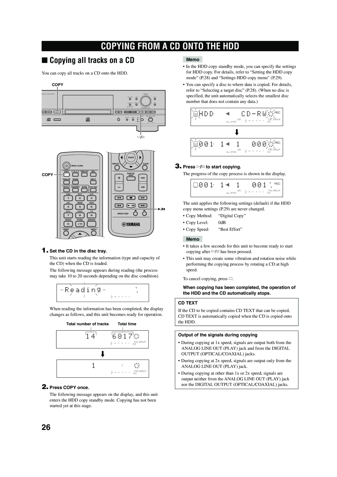 Yamaha CDR-HD 1500 owner manual Copying from a CD Onto the HDD, Copying all tracks on a CD, CD Text 