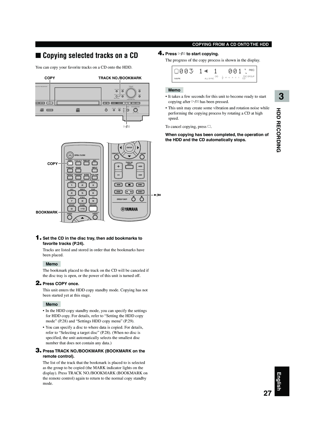 Yamaha CDR-HD 1500 owner manual You can copy your favorite tracks on a CD onto the HDD, Copy Track NO./BOOKMARK, Bookmark 