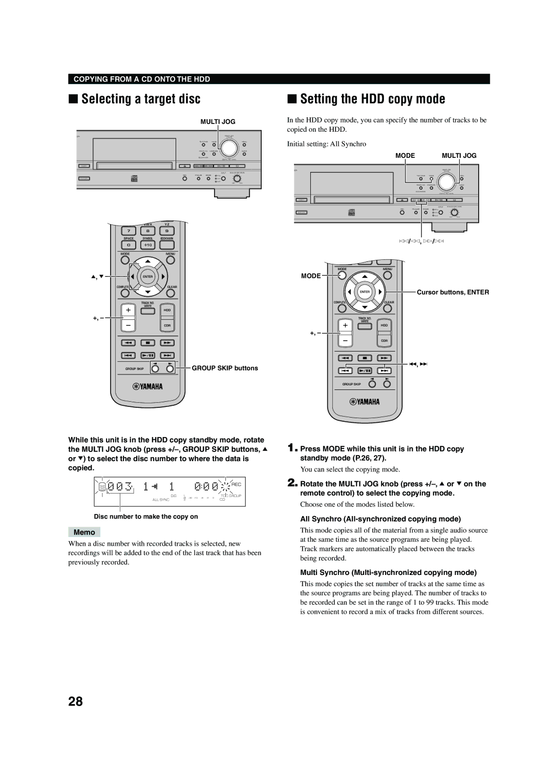 Yamaha CDR-HD 1500 Selecting a target disc, Setting the HDD copy mode, 3 1 π, All Synchro All-synchronized copying mode 