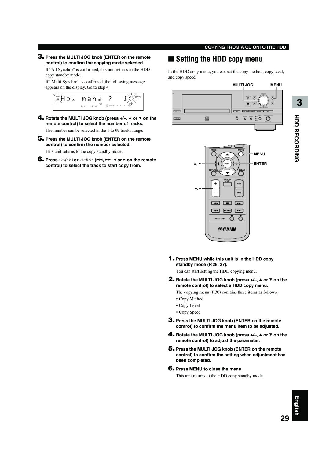 Yamaha CDR-HD 1500 owner manual Setting the HDD copy menu 