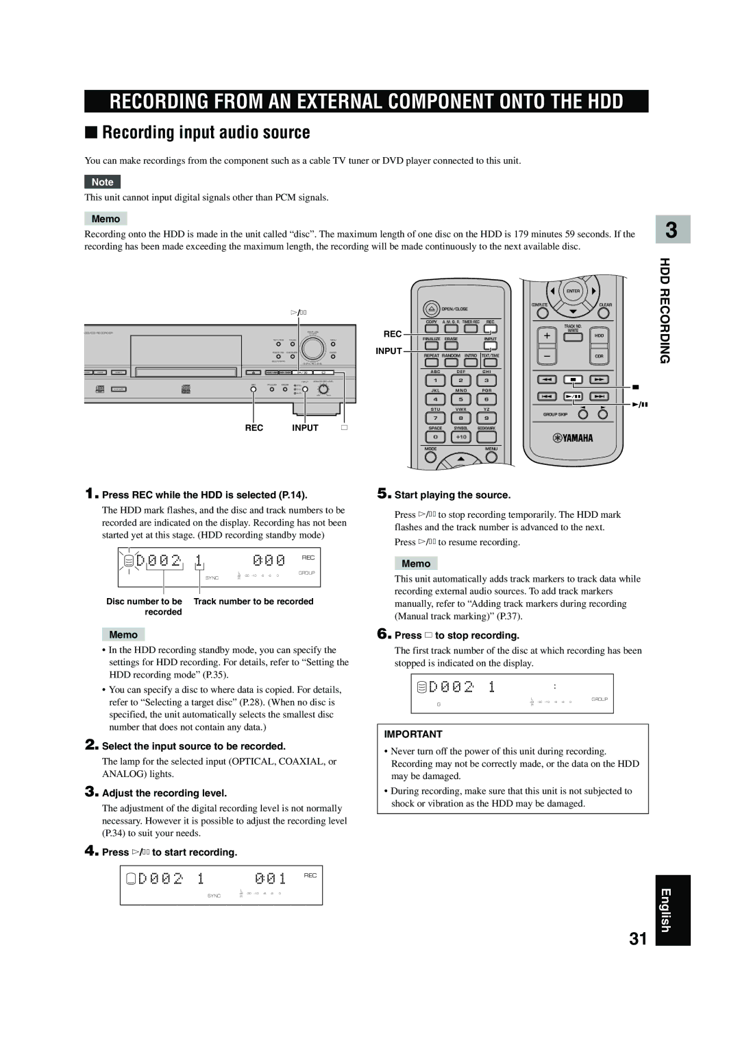 Yamaha CDR-HD 1500 owner manual Recording input audio source 