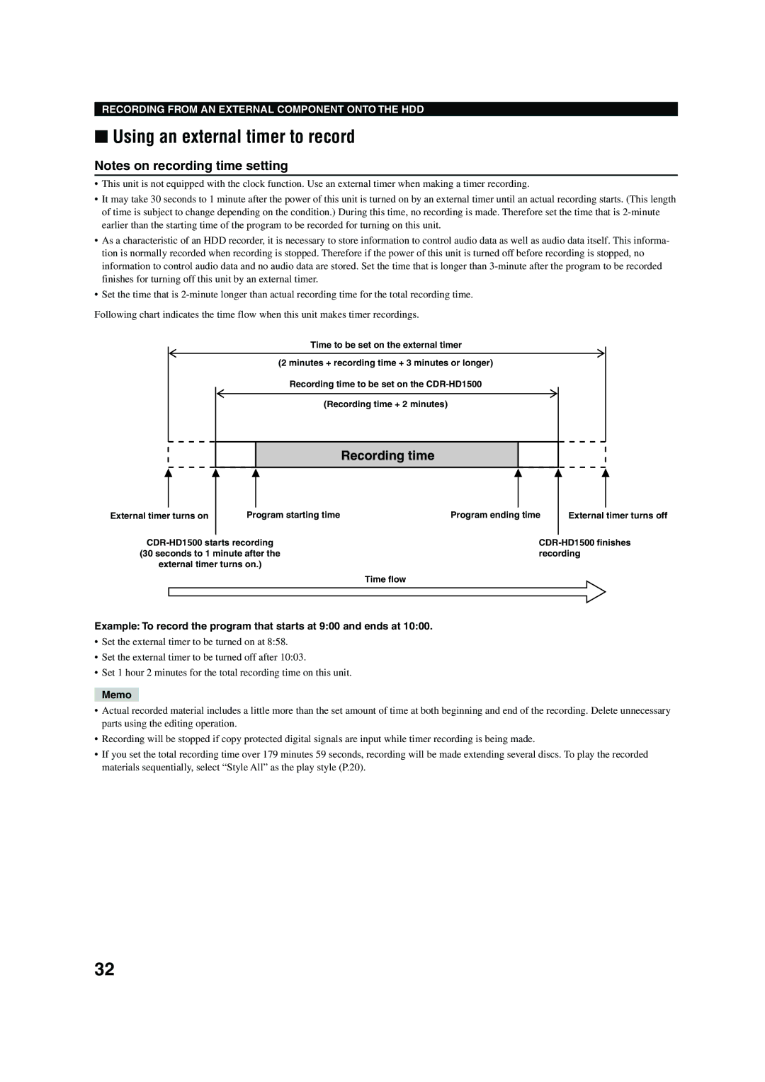 Yamaha CDR-HD 1500 owner manual Using an external timer to record, Recording time 