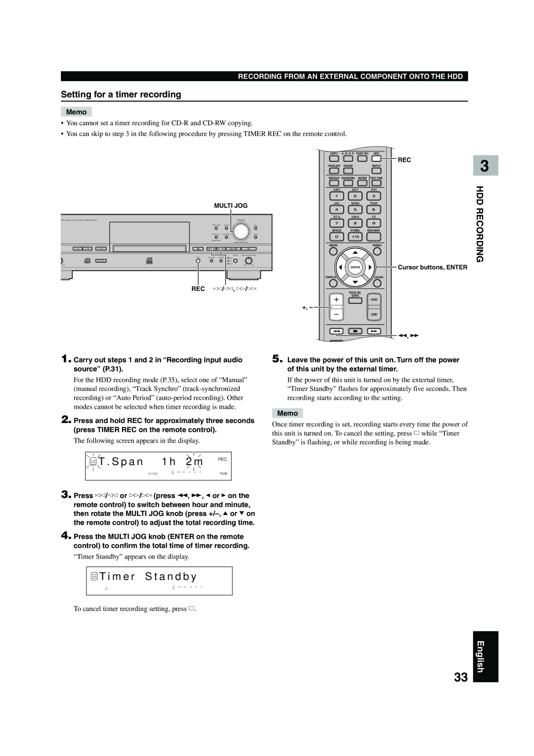 Yamaha CDR-HD 1500 owner manual P a n, Setting for a timer recording, Following screen appears in the display 