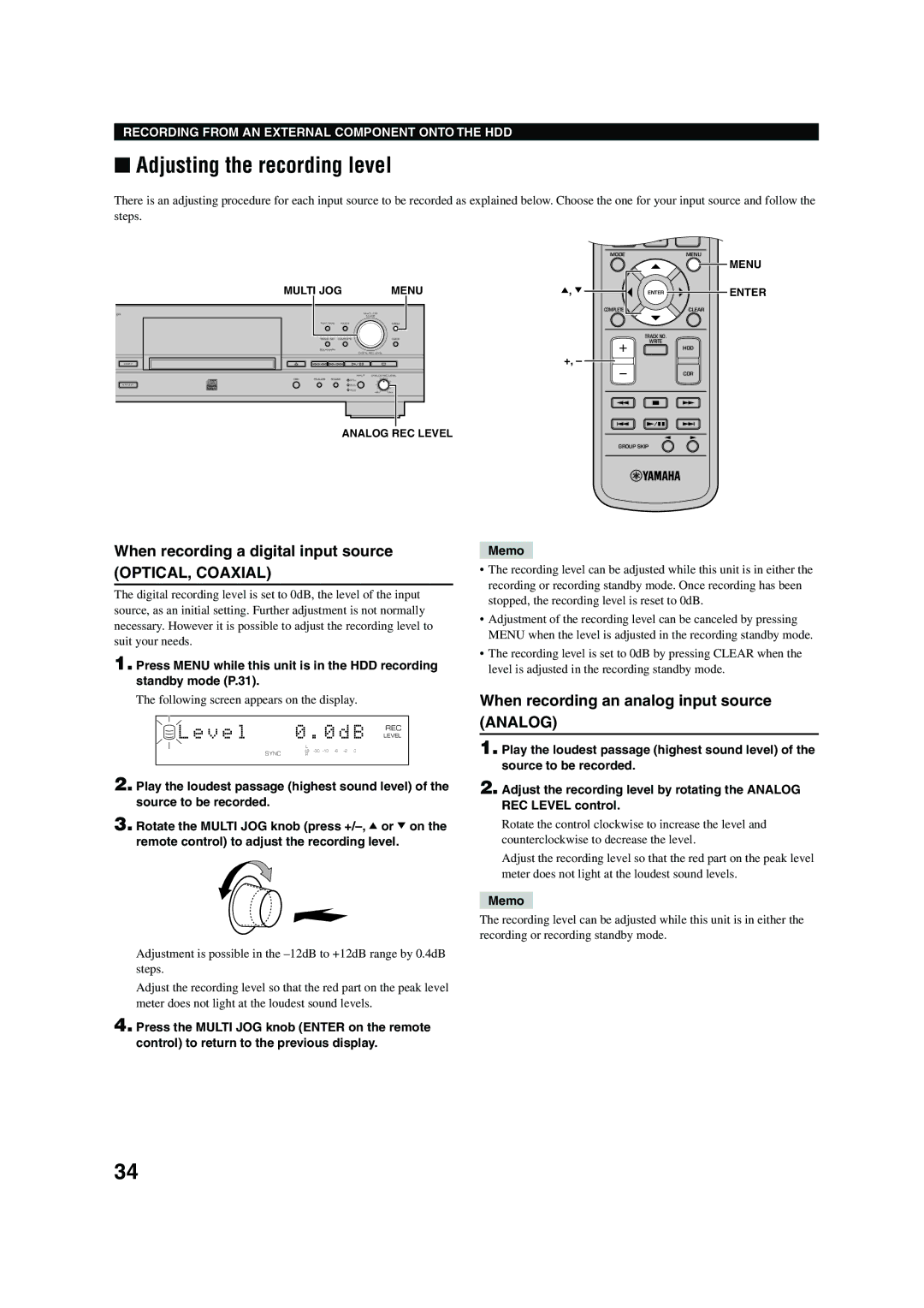 Yamaha CDR-HD 1500 Adjusting the recording level, When recording a digital input source, Menu Enter Analog REC Level 