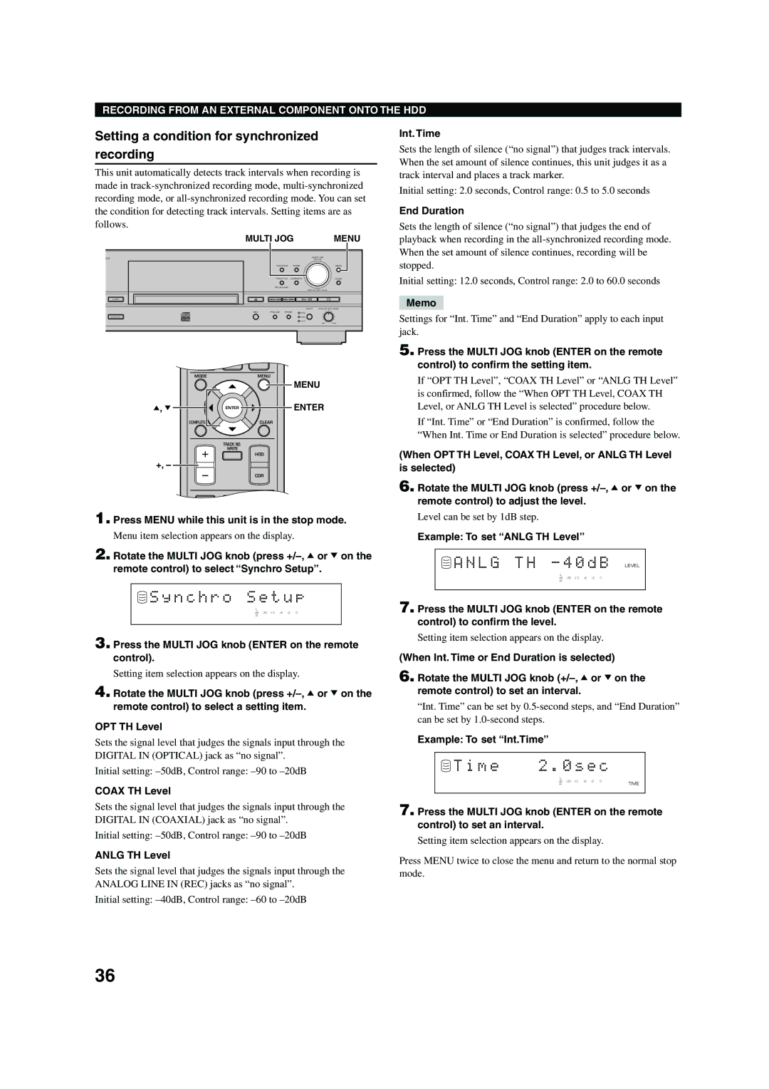 Yamaha CDR-HD 1500 L G T H 4 0 d B Level, N c h r o S e t u p, M e E c, Setting a condition for synchronized recording 