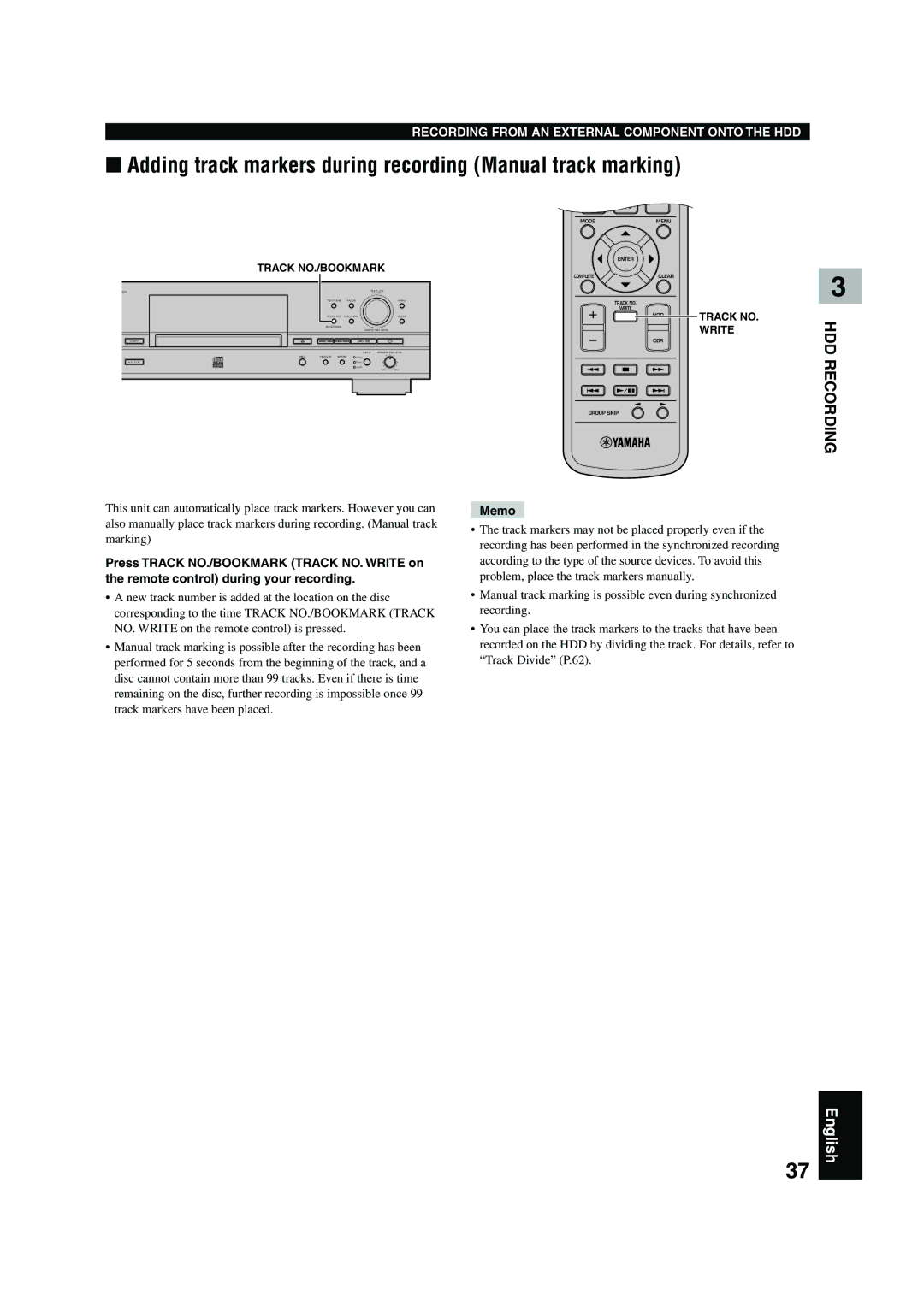 Yamaha CDR-HD 1500 owner manual Adding track markers during recording Manual track marking, Track NO. Write 