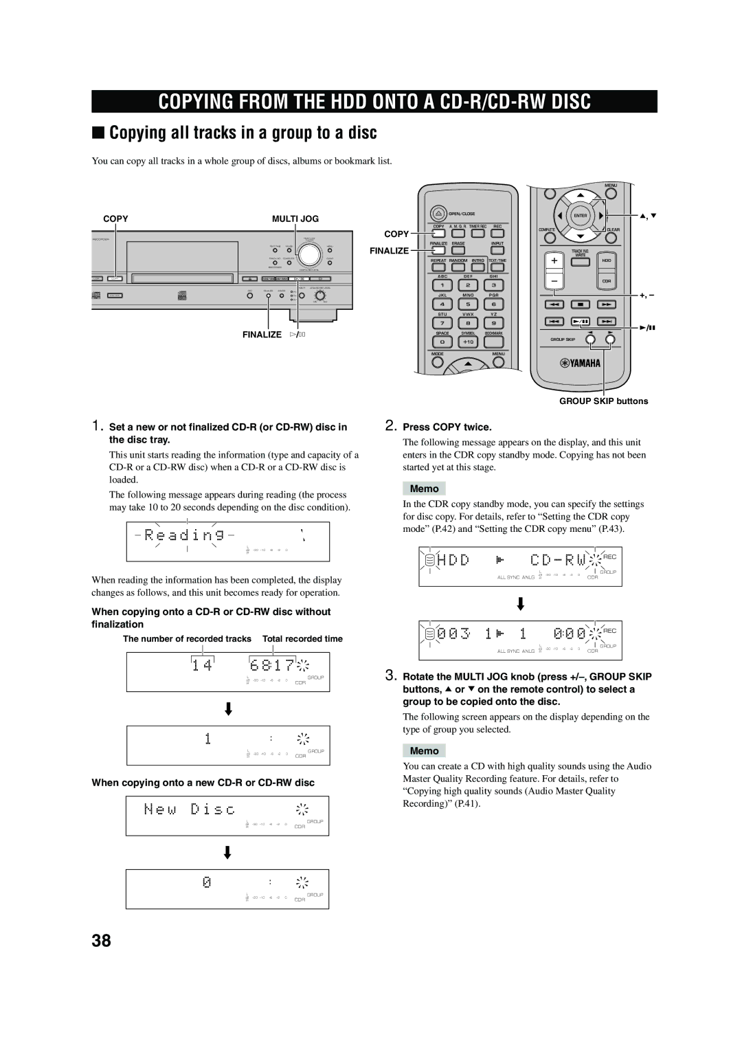 Yamaha CDR-HD 1500 Copying from the HDD Onto a CD-R/CD-RW Disc, Copying all tracks in a group to a disc, W D i s c, R W 