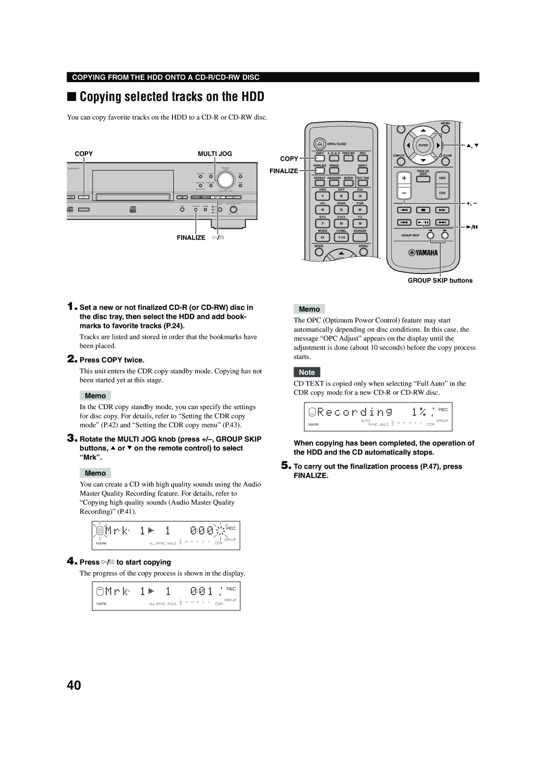 Yamaha CDR-HD 1500 owner manual Copying selected tracks on the HDD 