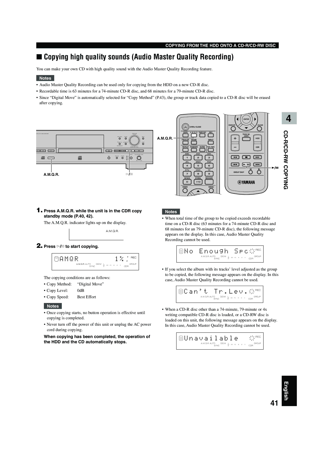 Yamaha CDR-HD 1500 Copying high quality sounds Audio Master Quality Recording, E n o u g h S p c, N t T r . L e v . REC 