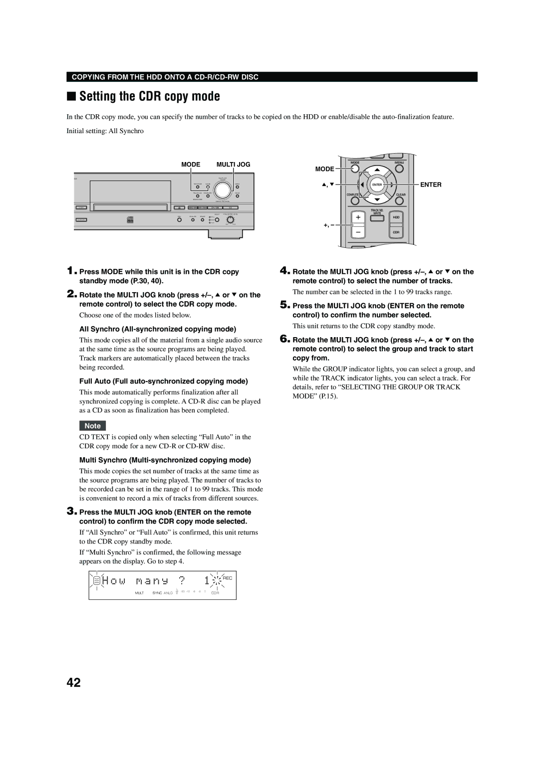 Yamaha CDR-HD 1500 owner manual Setting the CDR copy mode, W m a n y ?, Full Auto Full auto-synchronized copying mode 