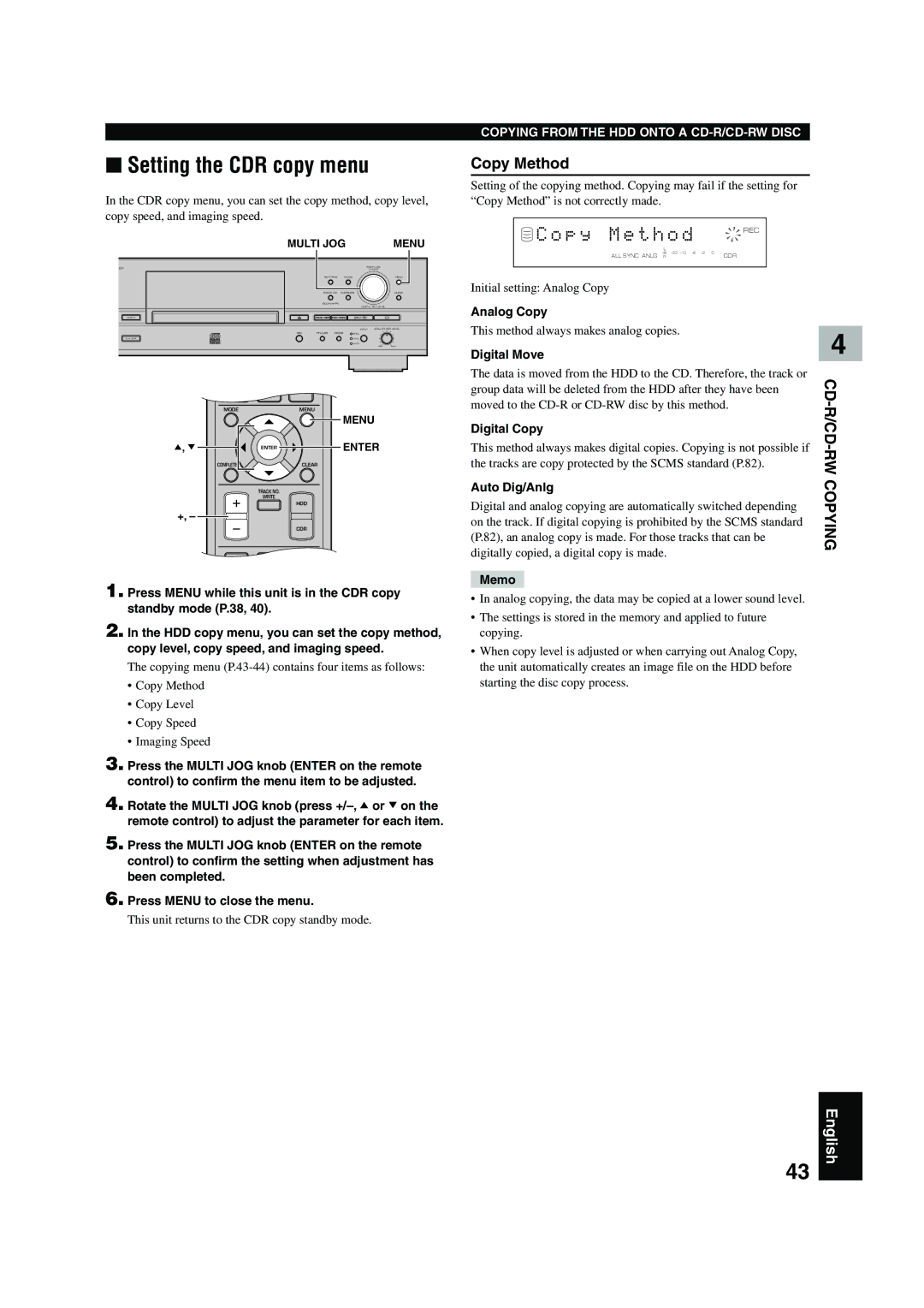 Yamaha CDR-HD 1500 owner manual Setting the CDR copy menu, Initial setting Analog Copy, Digital Move 