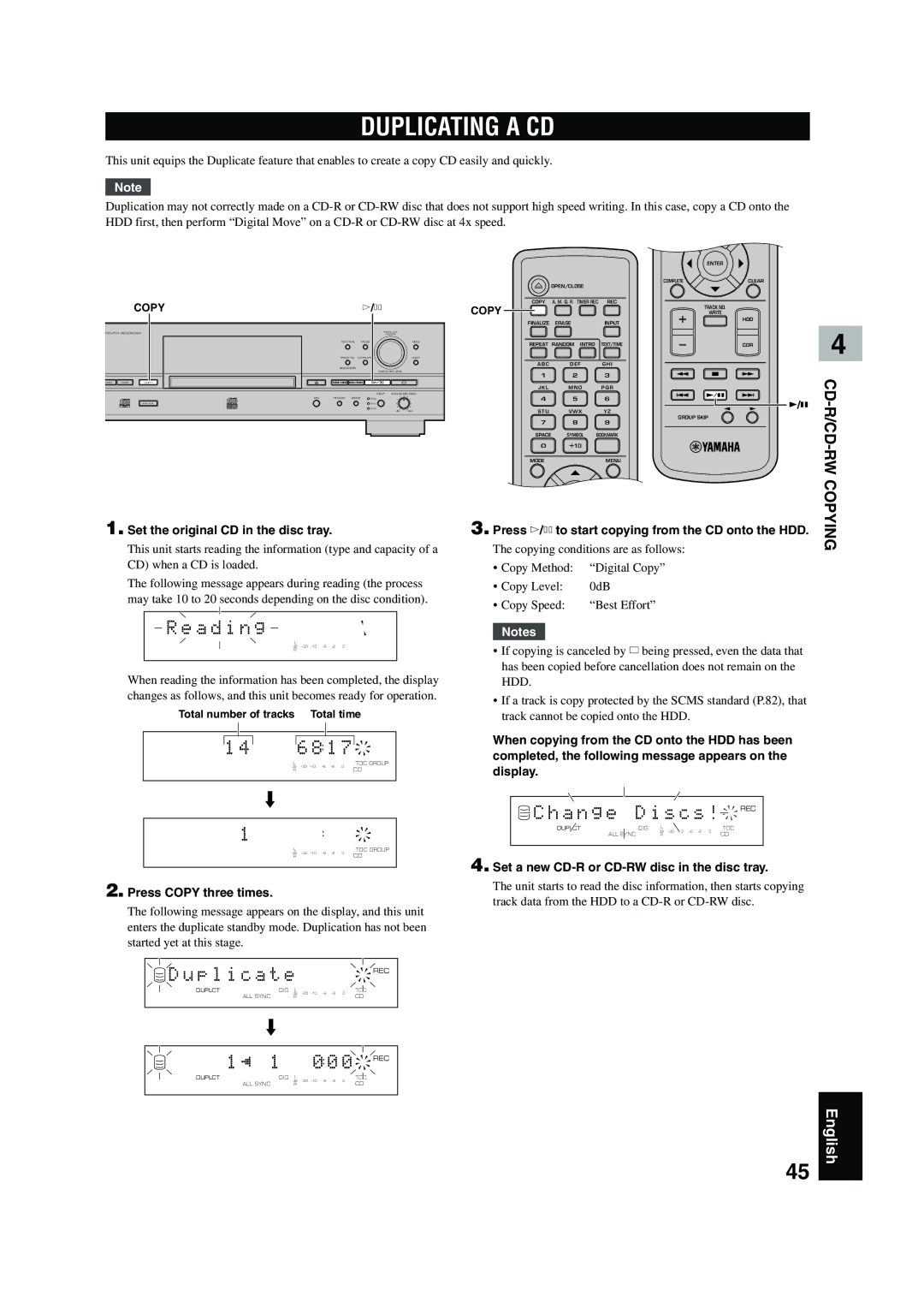 Yamaha CDR-HD 1500 owner manual Duplicating a CD, P l i c a t e, A n g e D i s c s ! REC 