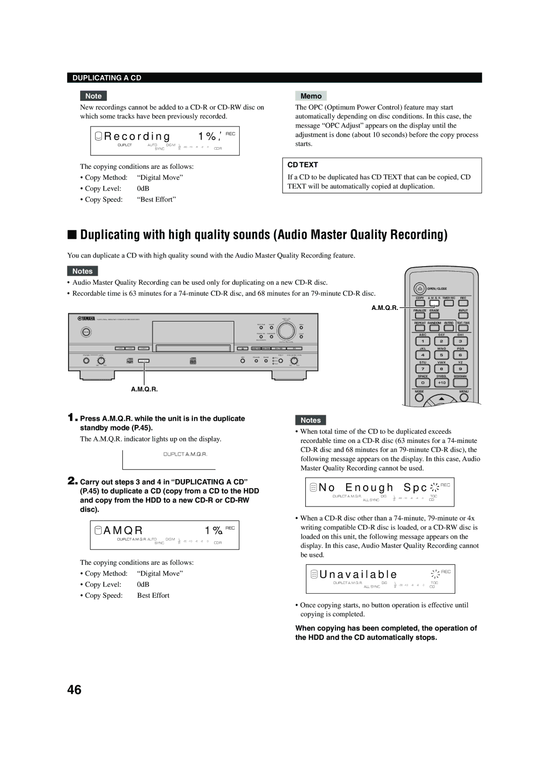 Yamaha CDR-HD 1500 owner manual E n o u g h, A v a i l a b l e, Carry out steps 3 and 4 in Duplicating a CD 