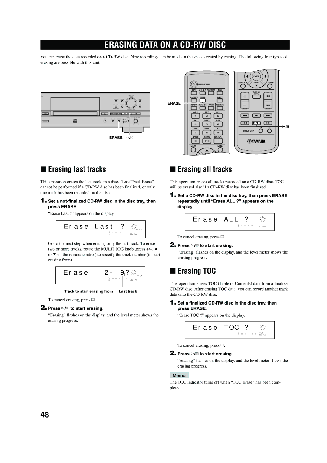 Yamaha CDR-HD 1500 owner manual Erasing Data on a CD-RW Disc, Erasing last tracks, Erasing all tracks, Erasing TOC 