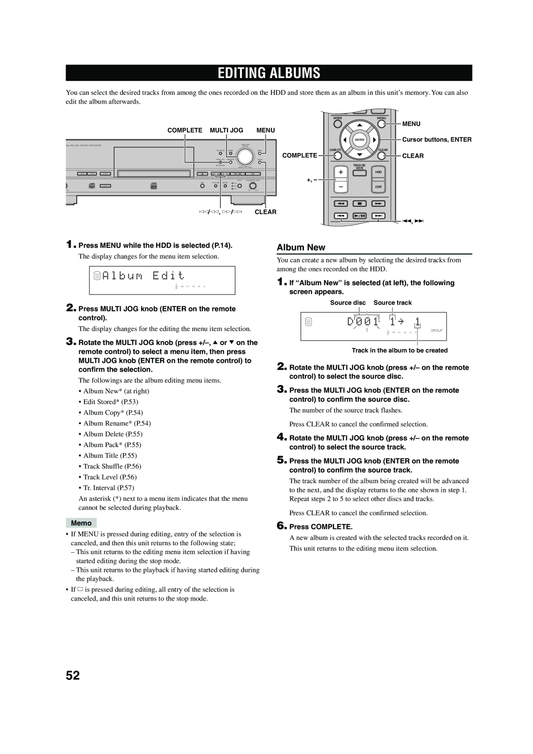 Yamaha CDR-HD 1500 owner manual Editing Albums, B u m E d i t, Album New 