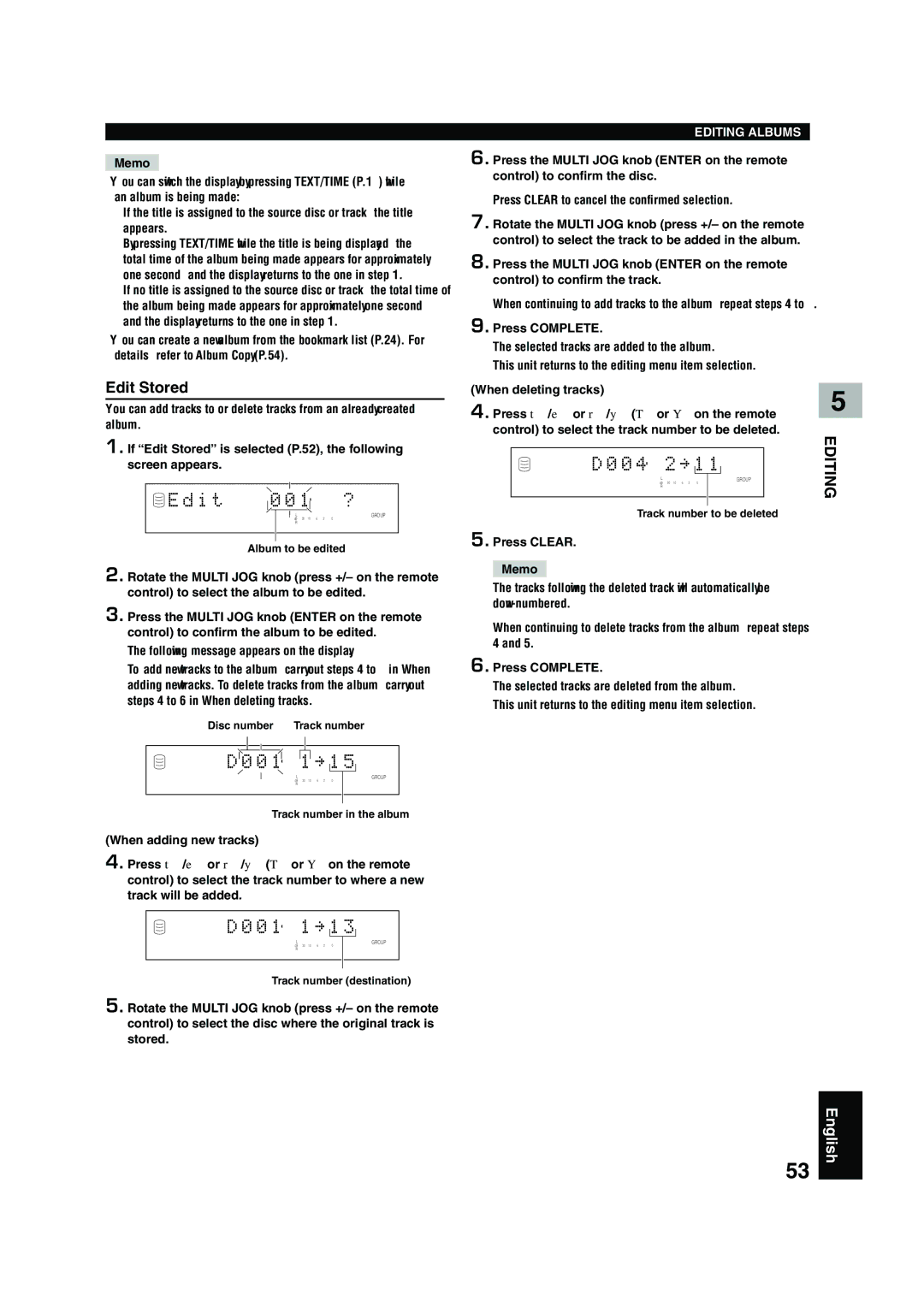 Yamaha CDR-HD 1500 owner manual I t, Edit Stored, Press Clear Memo 