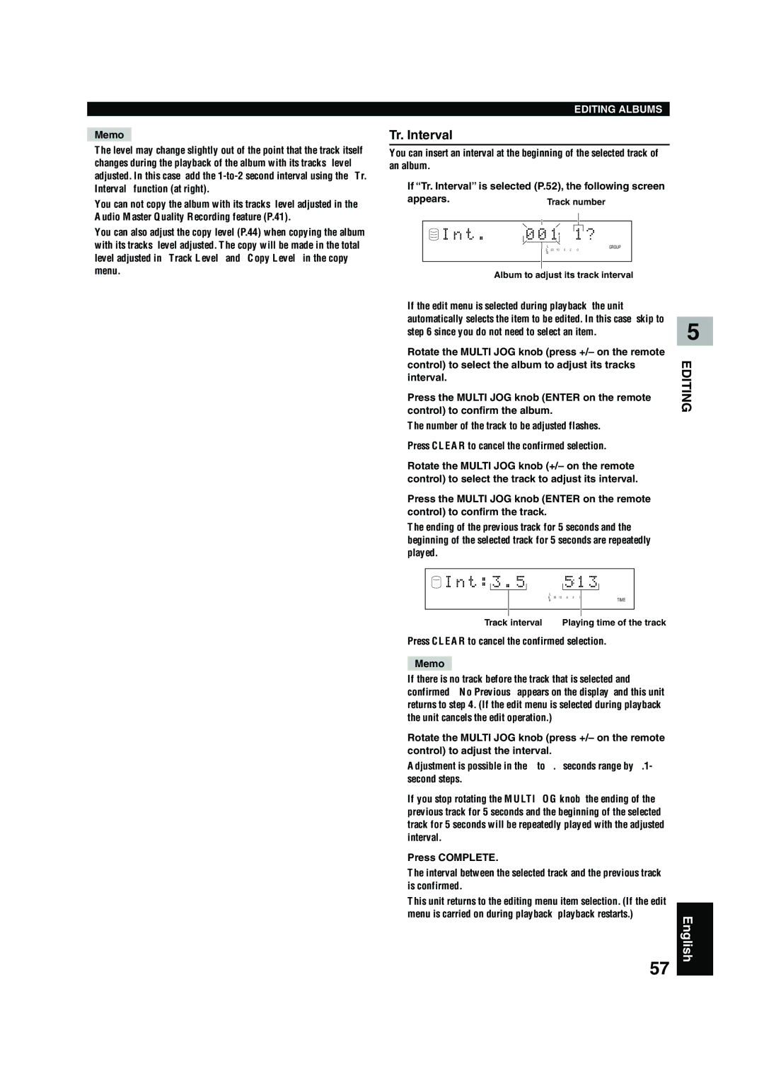 Yamaha CDR-HD 1500 owner manual 1 1 ?, Tr. Interval, Control to select the album to adjust its tracks 