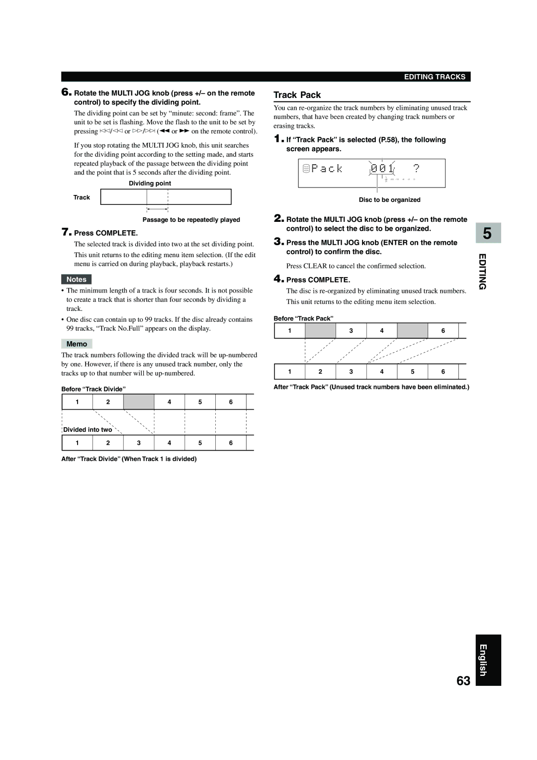 Yamaha CDR-HD 1500 owner manual C k, Track Pack, Control to select the disc to be organized, Control to confirm the disc 