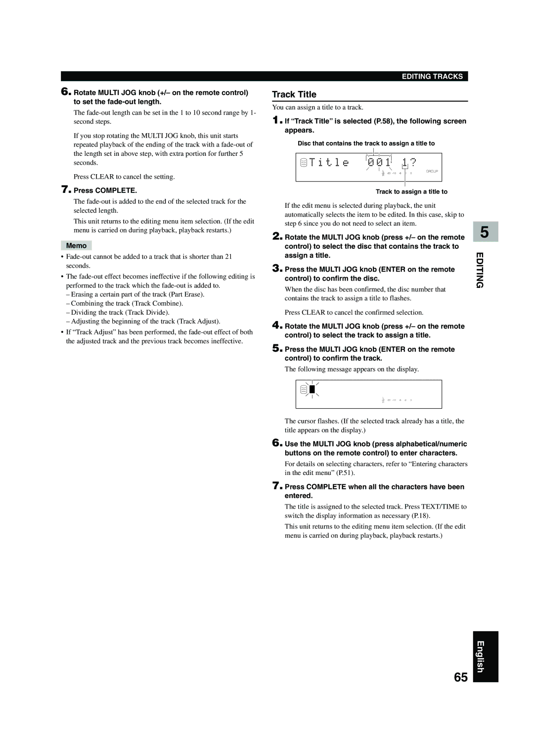 Yamaha CDR-HD 1500 owner manual T l e 0 0 1 1 ?, Track Title, Assign a title 