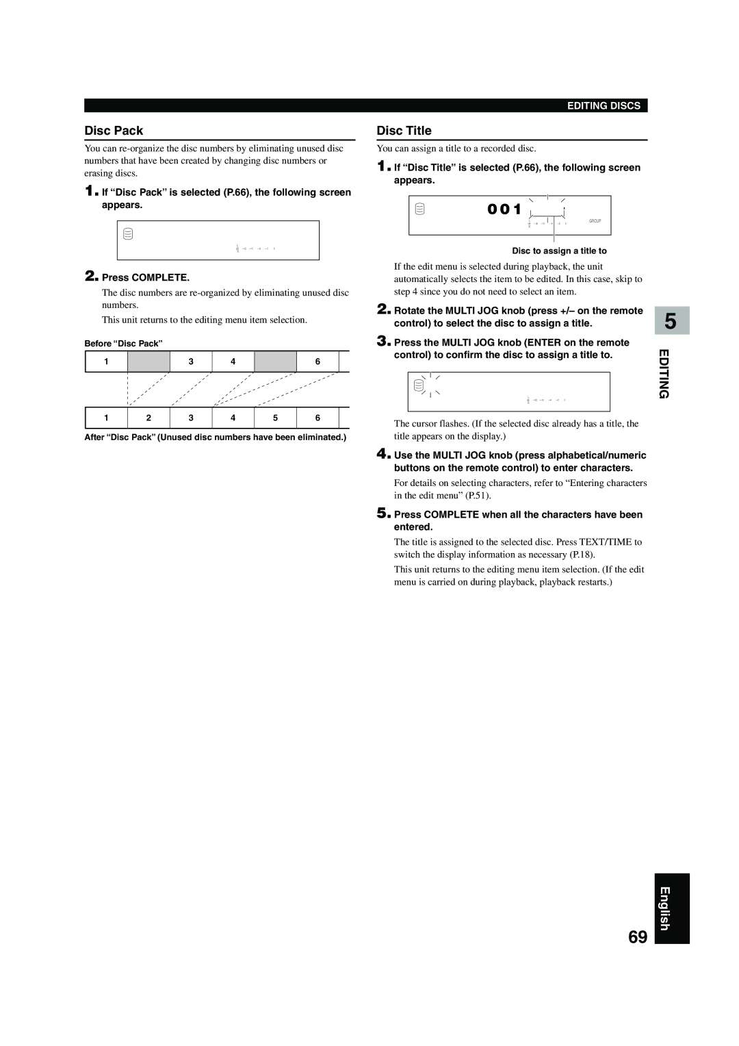 Yamaha CDR-HD 1500 owner manual Disc Title, If Disc Pack is selected P.66, the following screen appears 