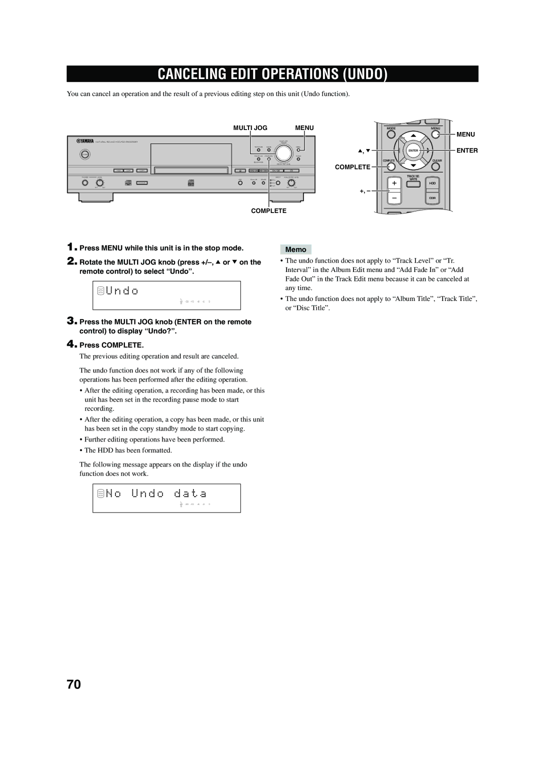 Yamaha CDR-HD 1500 owner manual Canceling Edit Operations Undo, D o, U n d o d a t a, Complete Menu Enter 