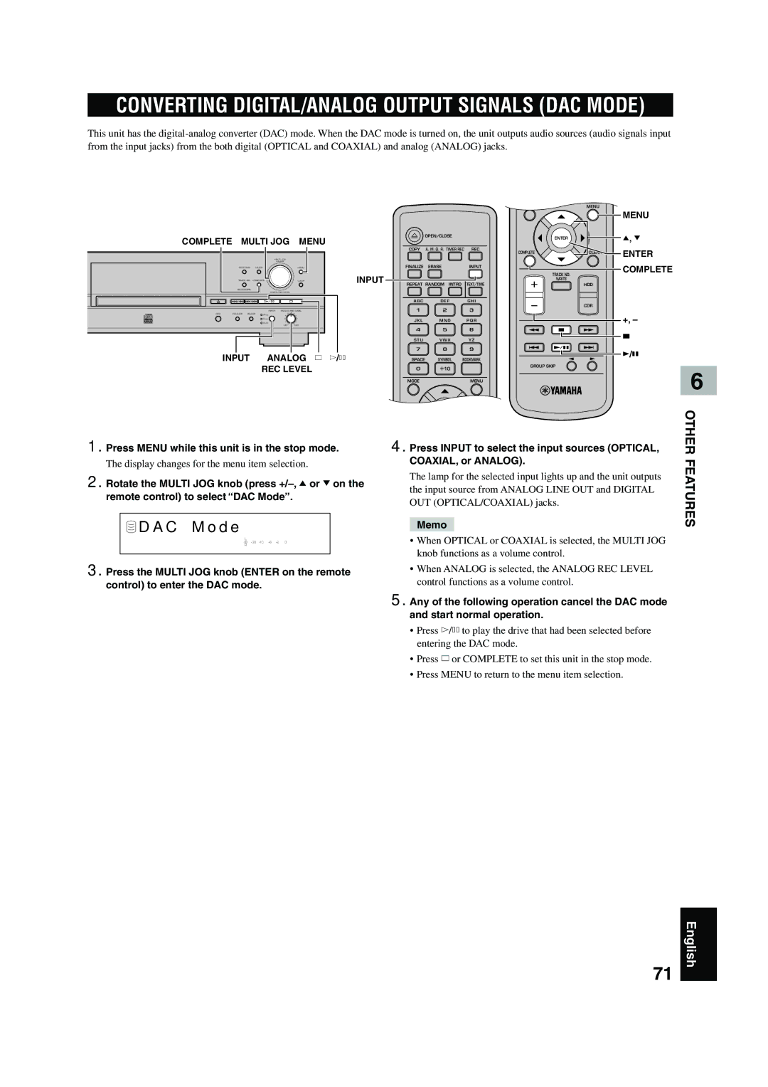 Yamaha CDR-HD 1500 owner manual C M o d e, Menu Complete Multi JOG Menu, REC Level, Enter Complete 