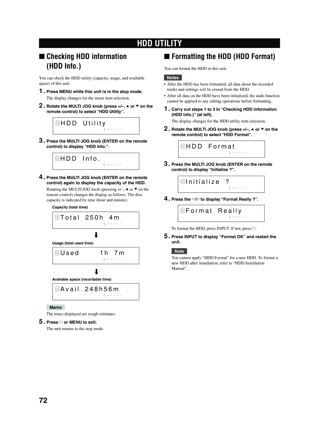 Yamaha CDR-HD 1500 owner manual HDD Utility, Formatting the HDD HDD Format, T a l 2 5 0 h 4 m, E d 