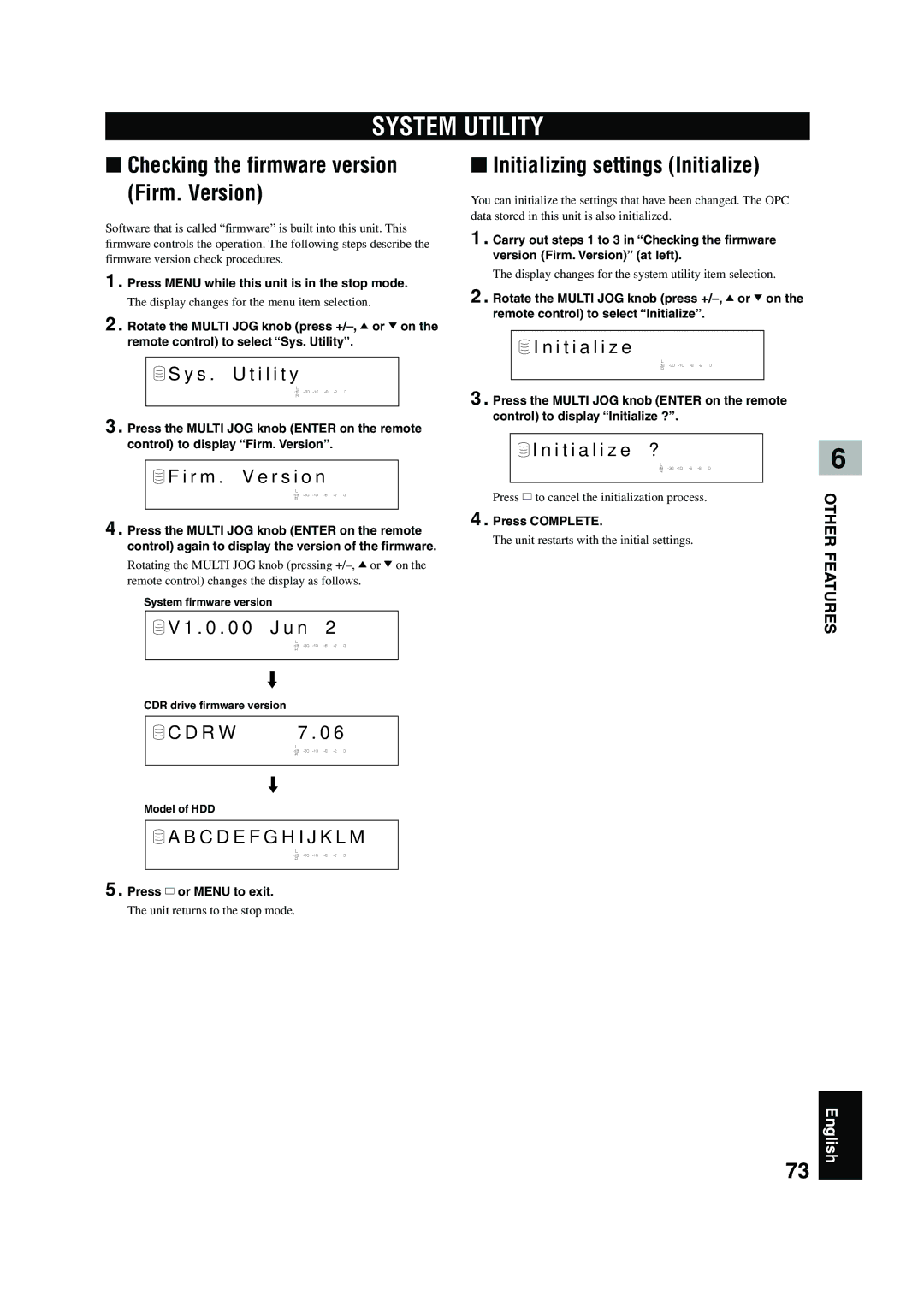 Yamaha CDR-HD 1500 System Utility, Checking the firmware version Firm. Version, Initializing settings Initialize, J u n 