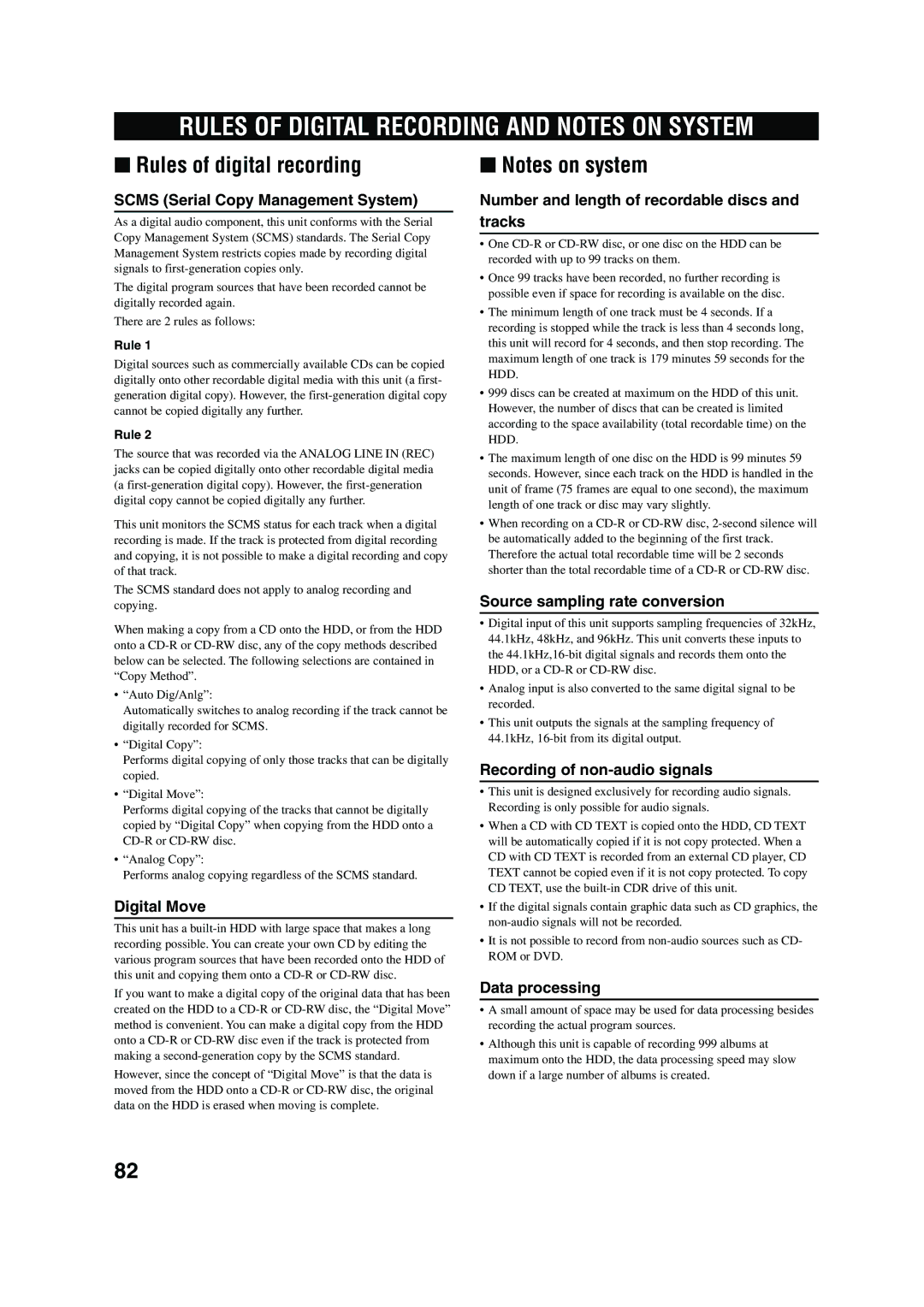 Yamaha CDR-HD 1500 owner manual Rules of Digital Recording and Notes on System, Rules of digital recording 