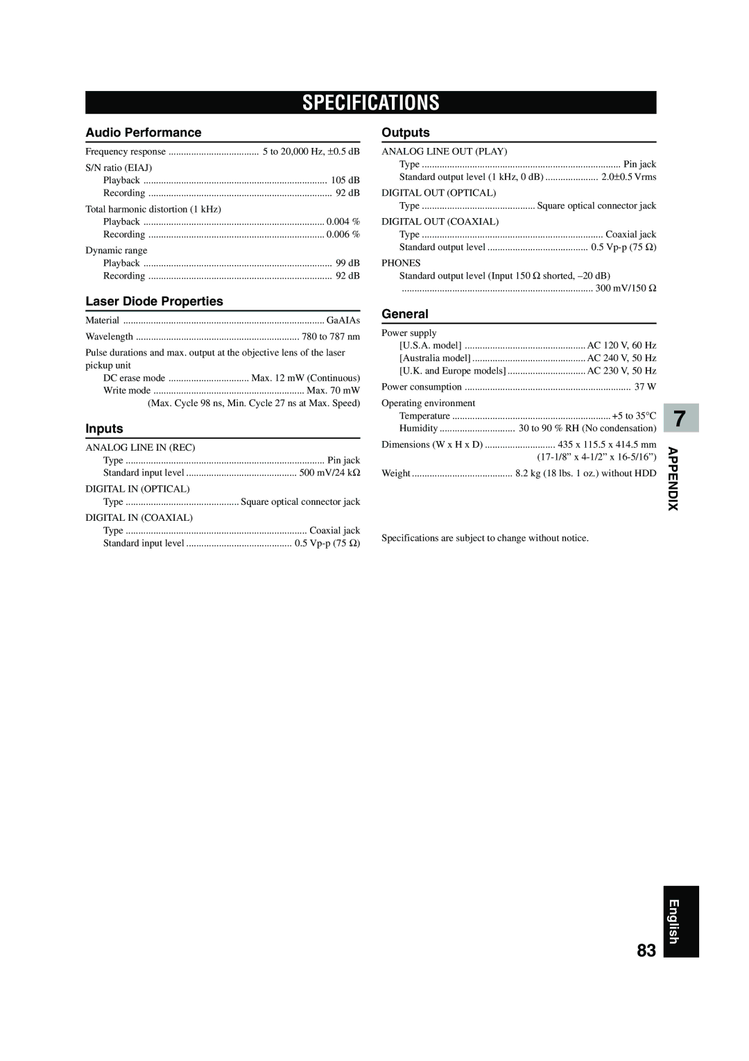 Yamaha CDR-HD 1500 owner manual Specifications 