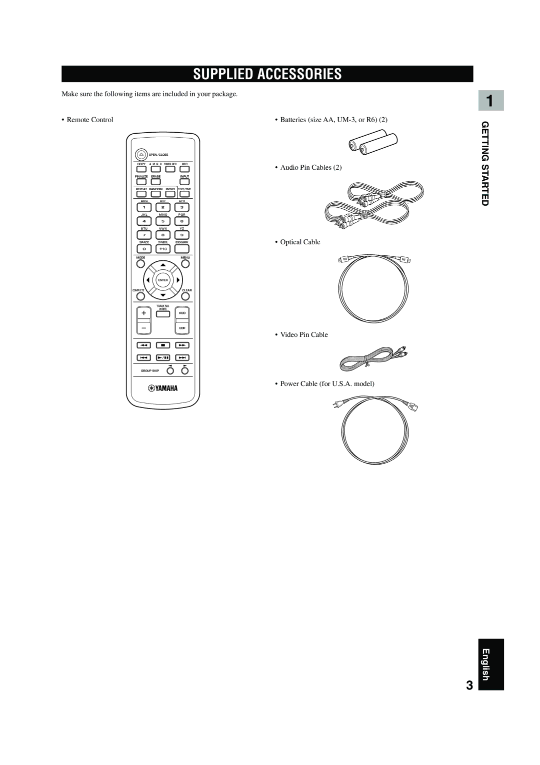 Yamaha CDR-HD 1500 owner manual Supplied Accessories, Power Cable for U.S.A. model 