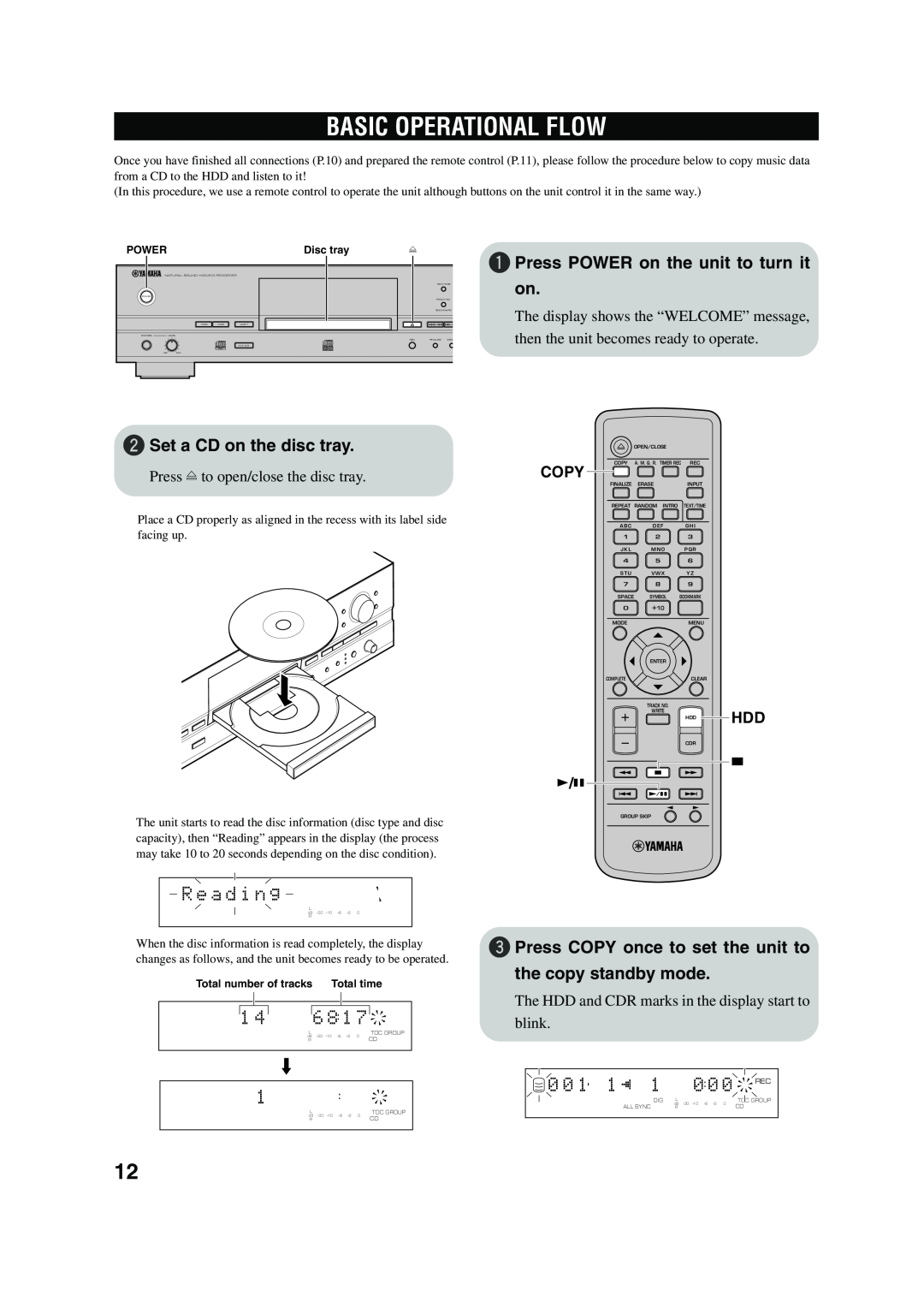 Yamaha CDR-HD 1500 owner manual Basic Operational Flow, R e a d i n g, 1Press POWER on the unit to turn it on, Copy 