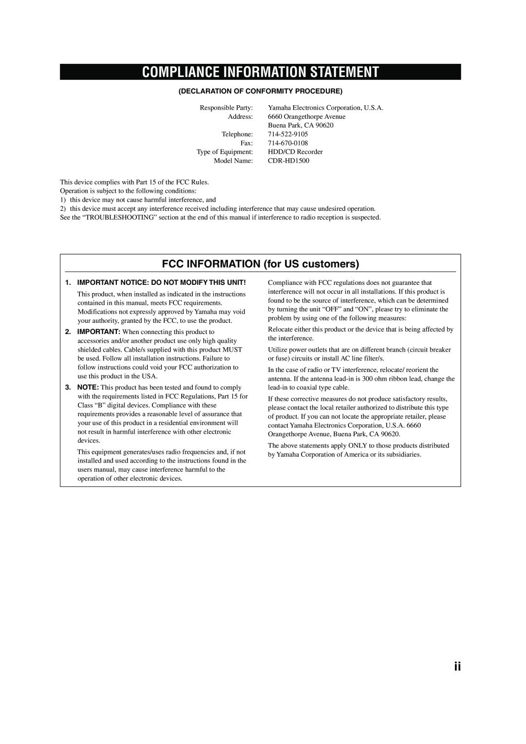 Yamaha CDR-HD 1500 owner manual Compliance Information Statement, FCC INFORMATION for US customers 
