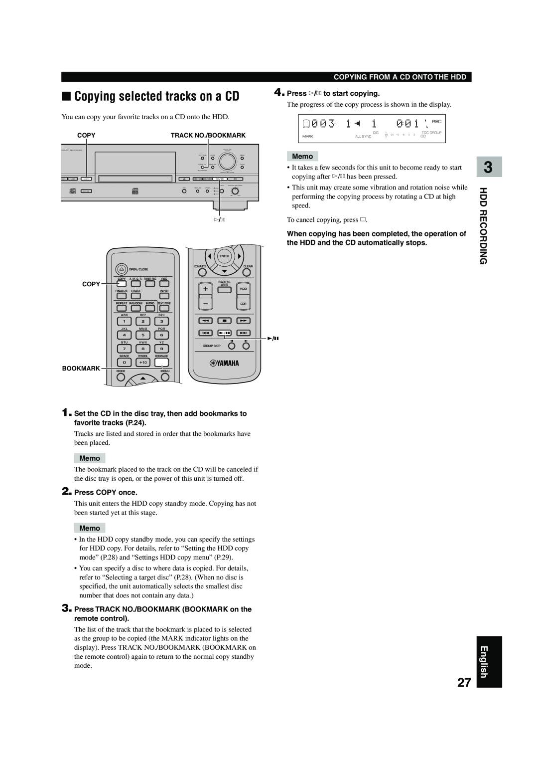Yamaha CDR-HD 1500 owner manual Copying selected tracks on a CD, English, Hdd Recording, Copying From A Cd Onto The Hdd 