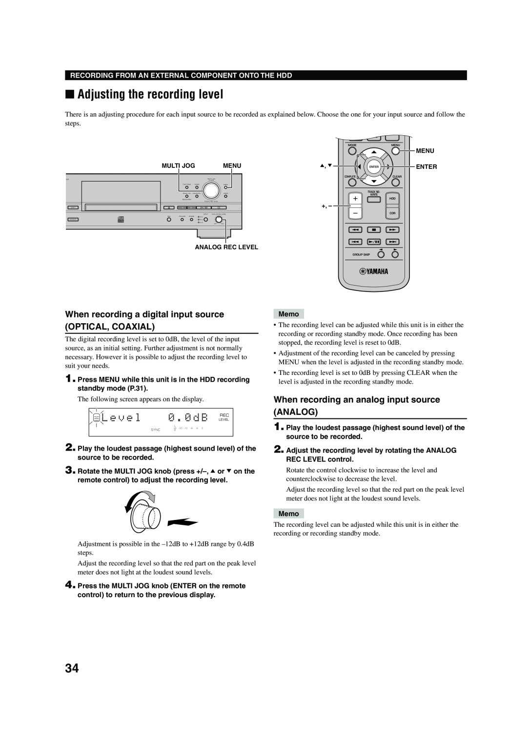 Yamaha CDR-HD 1500 owner manual Adjusting the recording level, When recording a digital input source, Optical, Coaxial 
