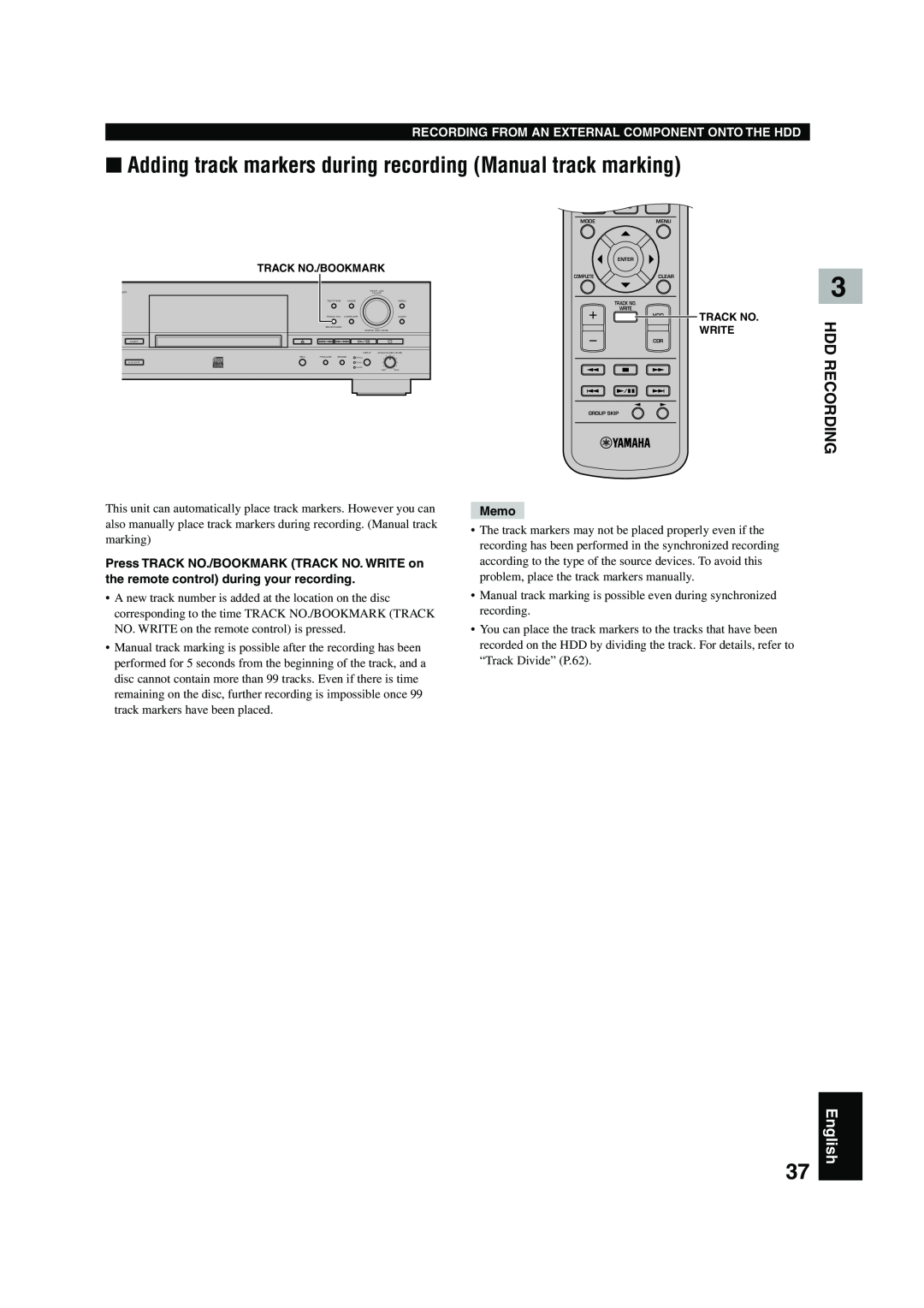 Yamaha CDR-HD 1500 owner manual English, Recording From An External Component Onto The Hdd, Memo 