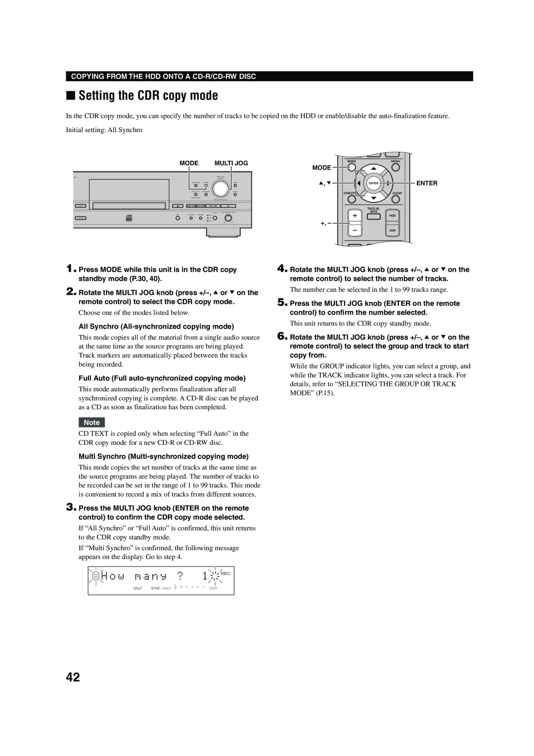 Yamaha CDR-HD 1500 owner manual Setting the CDR copy mode, H o w m a n y ?, Copying From The Hdd Onto A Cd-R/Cd-Rwdisc 